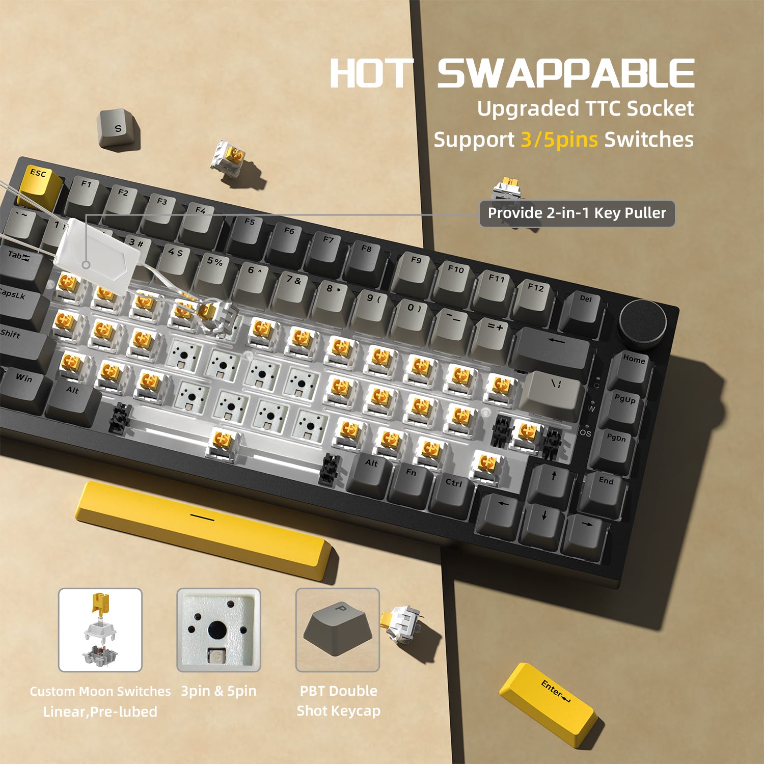 AK820 mechanical keyboard with hot-swappable TTC sockets and custom Moon switches.