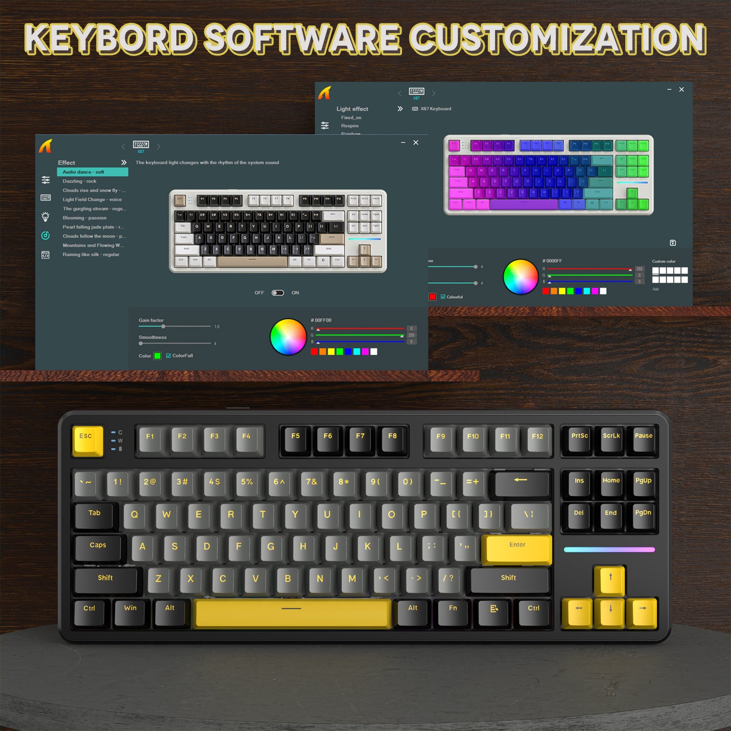 Keyboard software customization interface showcasing RGB effects and key mapping options.