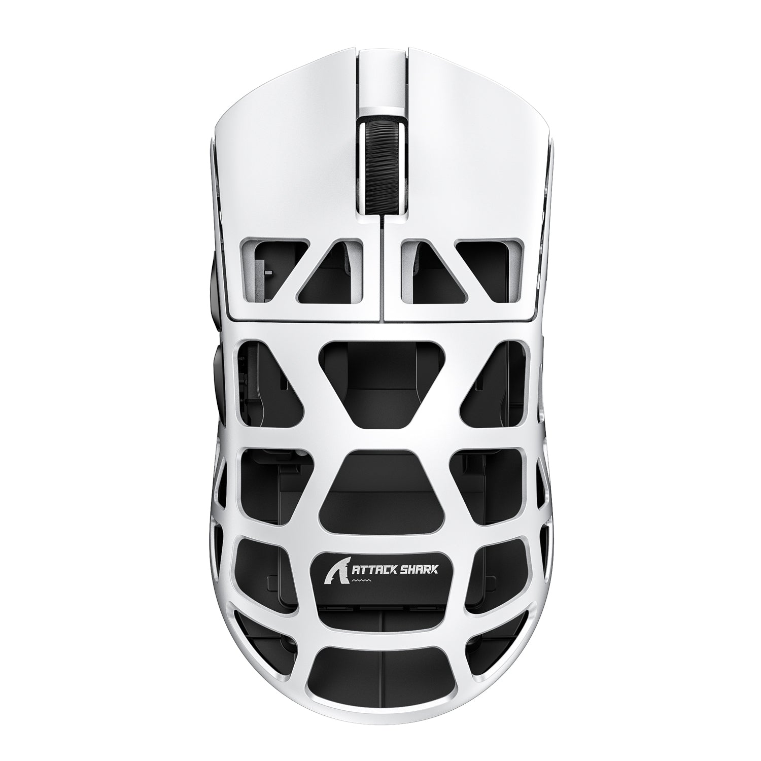 Top view of Attack Shark R3 gaming mouse with distinctive holey shell design.