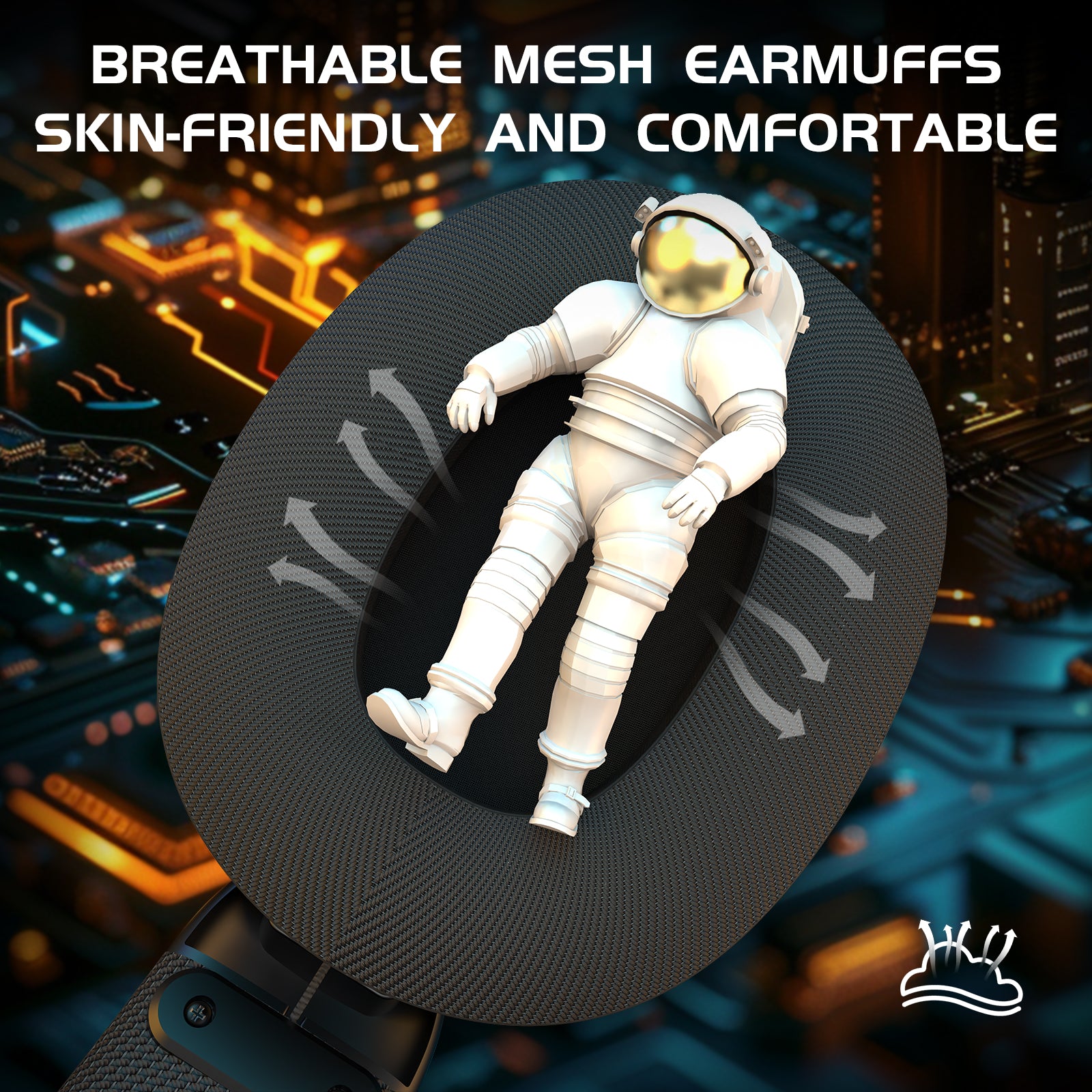 Breathable mesh earmuffs with astronaut illustration, promoting comfort and airflow.