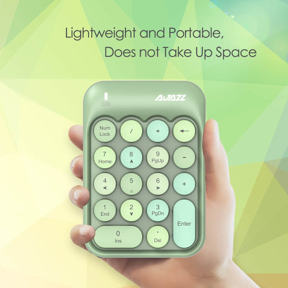 Green AJAZZ AK18 wireless numeric keypad emphasizing portability and compact design.