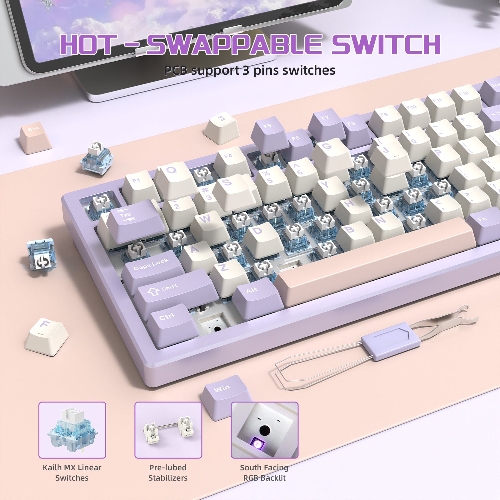 Close-up of ATTACK SHARK X75 keyboard with hot-swappable Kalih MX switches and RGB.