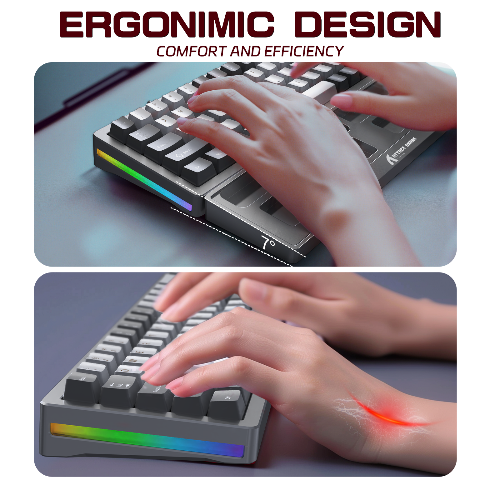 Ergonomic keyboard design showcasing comfort and RGB lighting for efficient gaming.