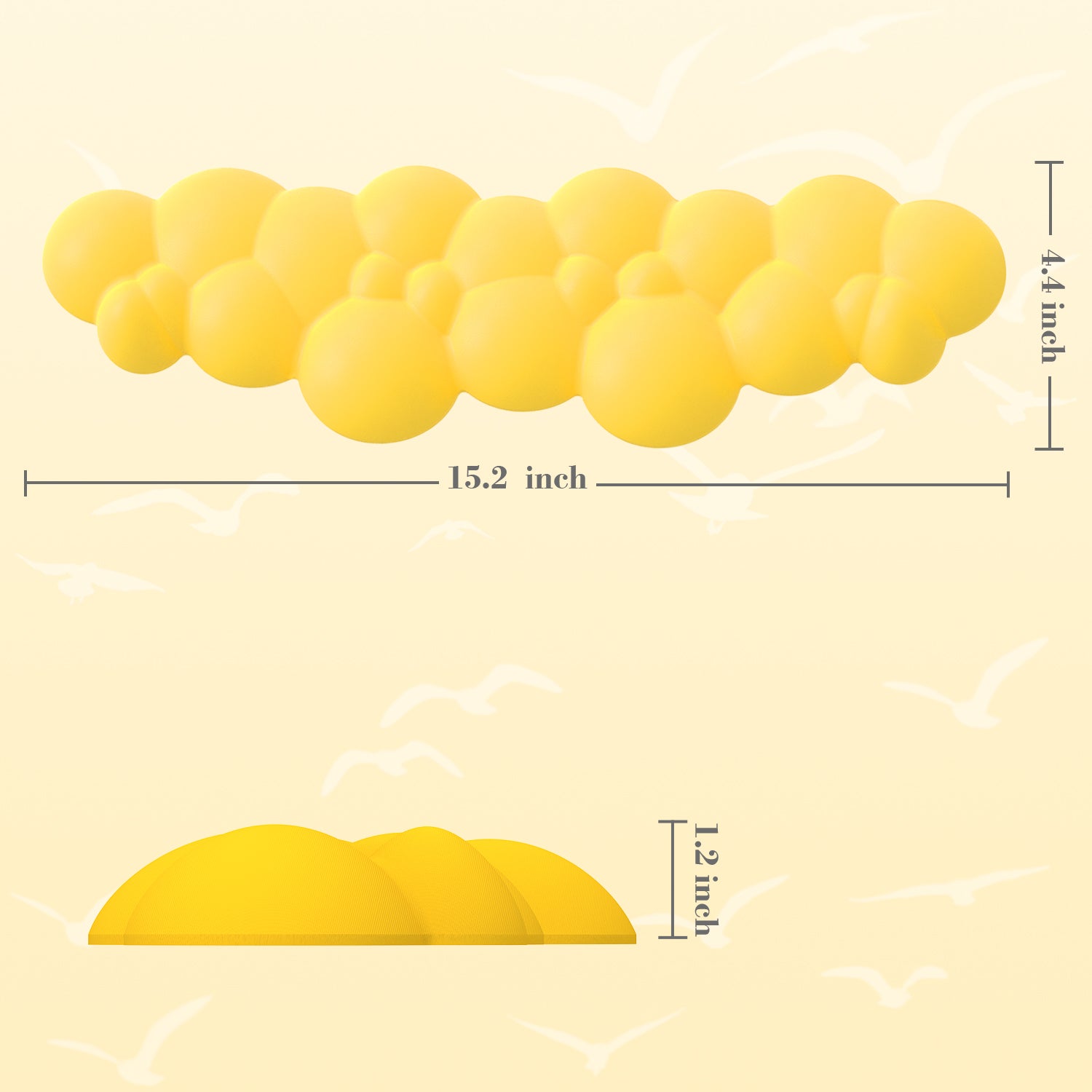 Dimensions of yellow cloud-shaped wrist rest: 15.2x4.4x1.2 inches on pastel background.