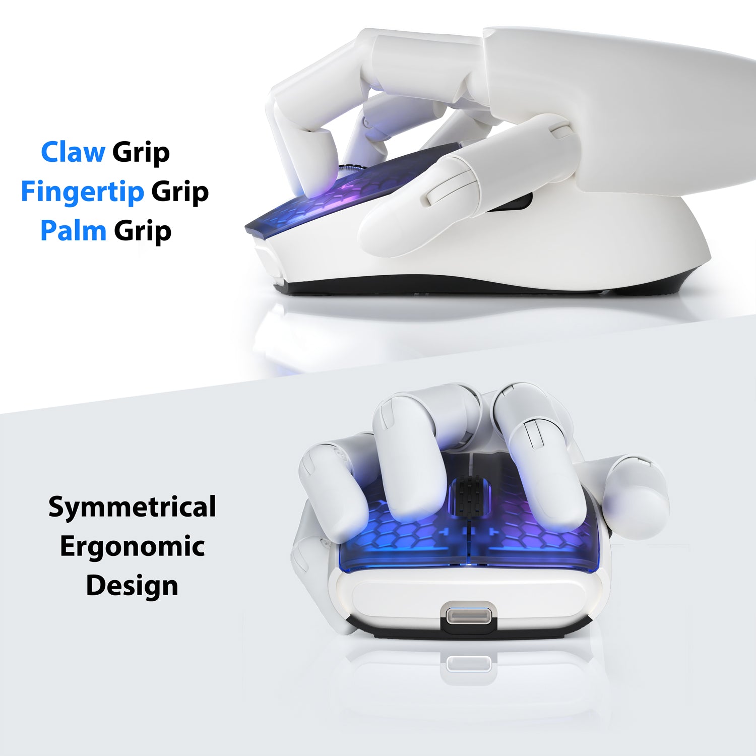 Attack Shark X5 mouse showing claw, fingertip, palm grips, and ergonomic design.