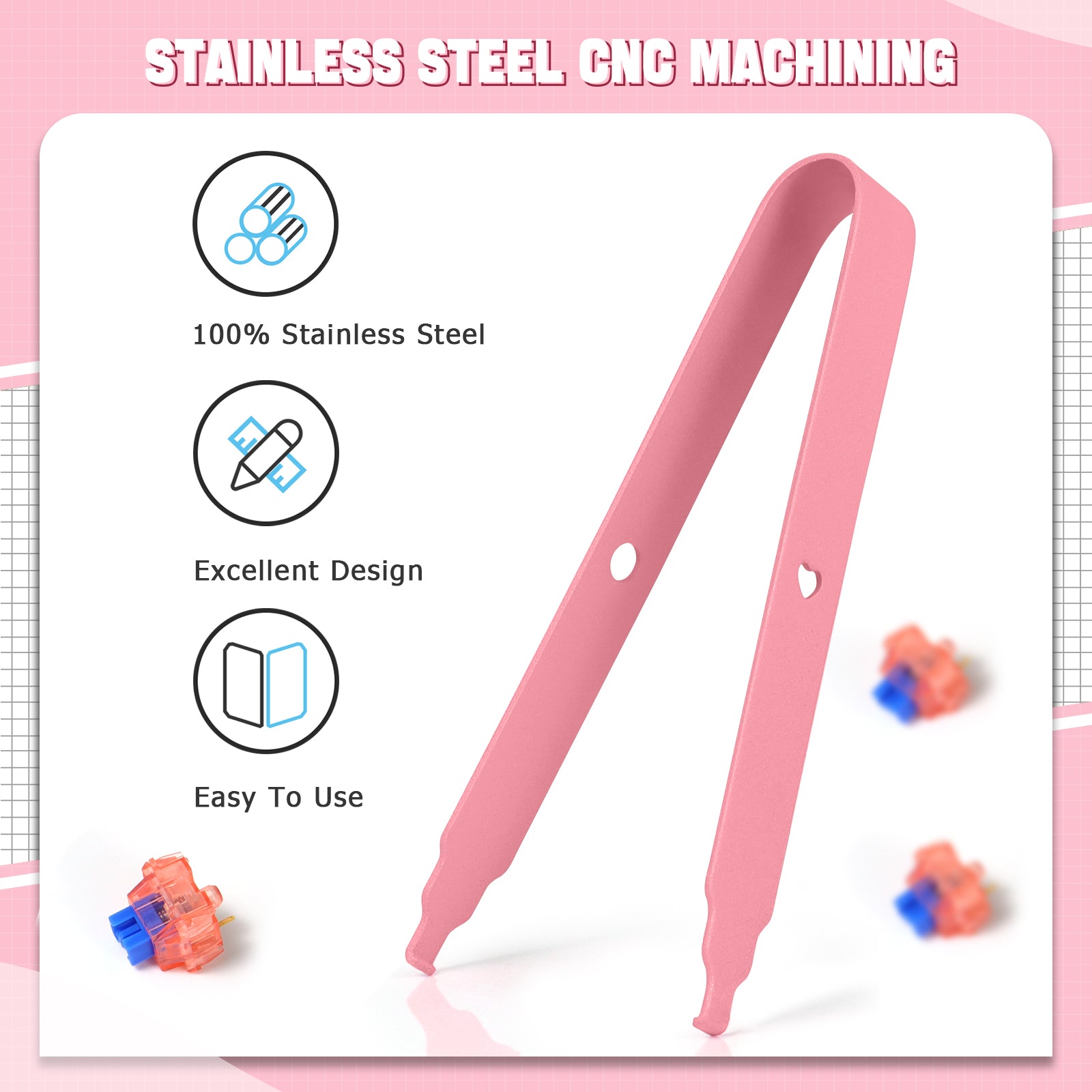 Pink stainless steel switch puller for mechanical keyboards with ergonomic design.