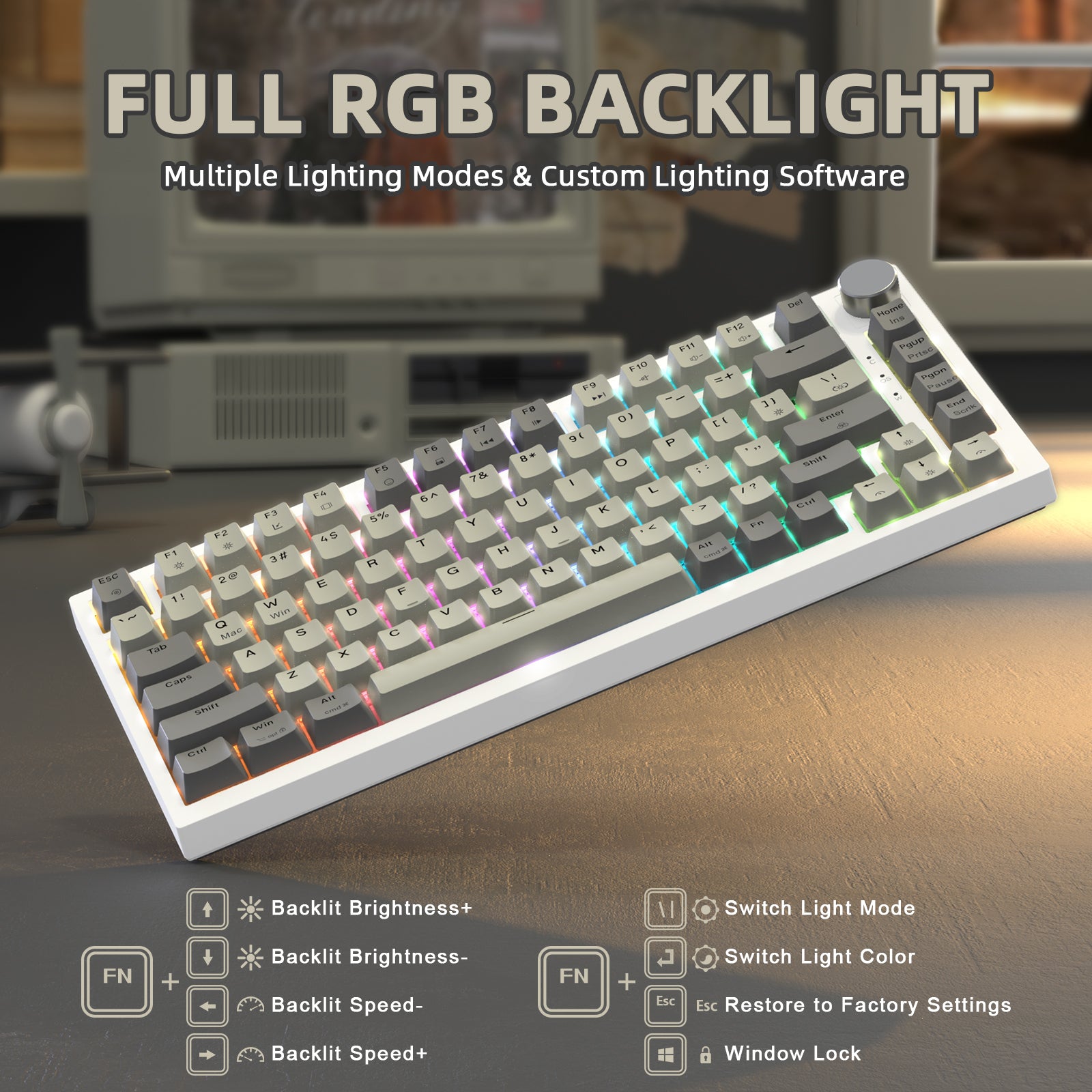 K85 keyboard with full RGB backlight and customizable lighting options.