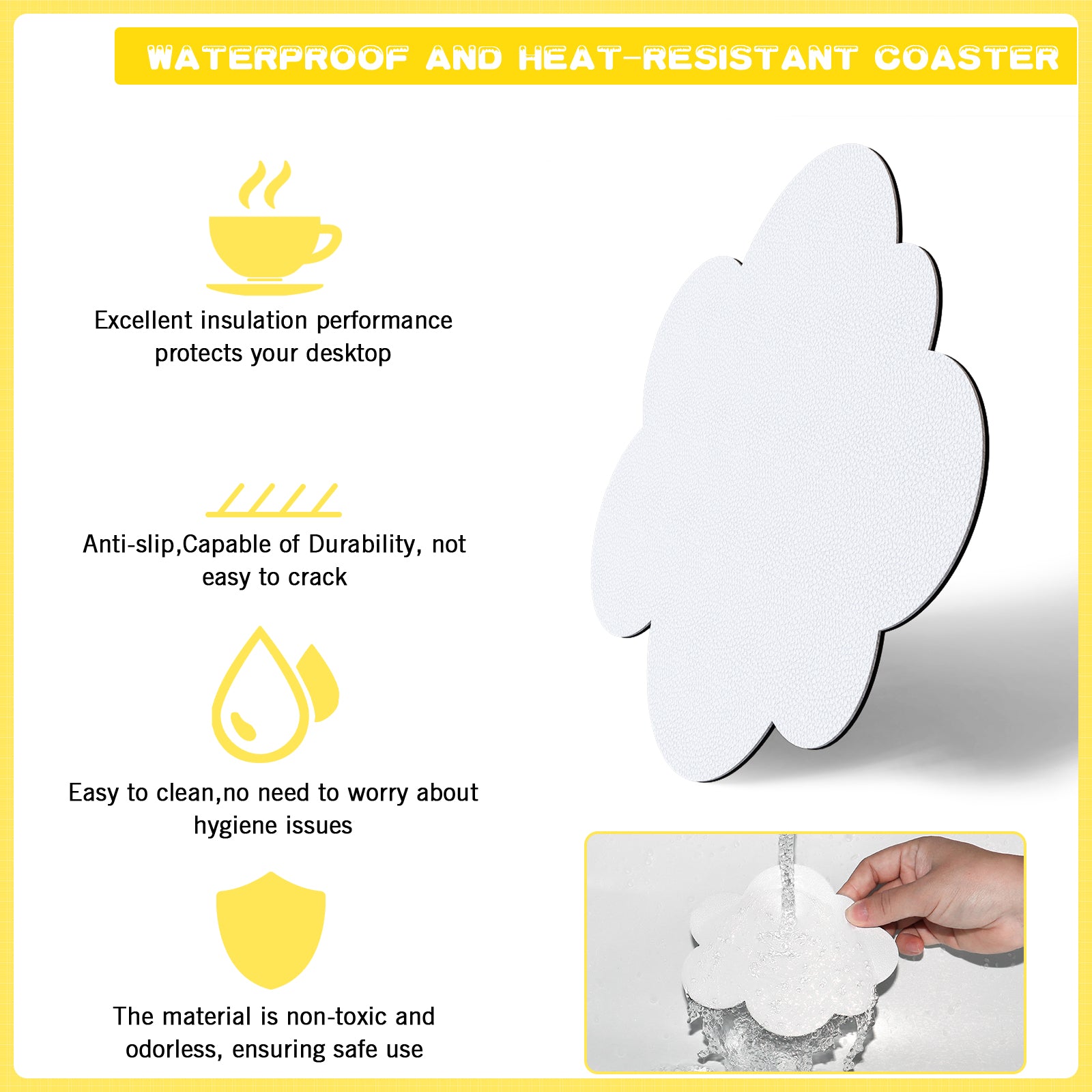 White cloud-shaped coaster showcasing waterproof and heat-resistant features.