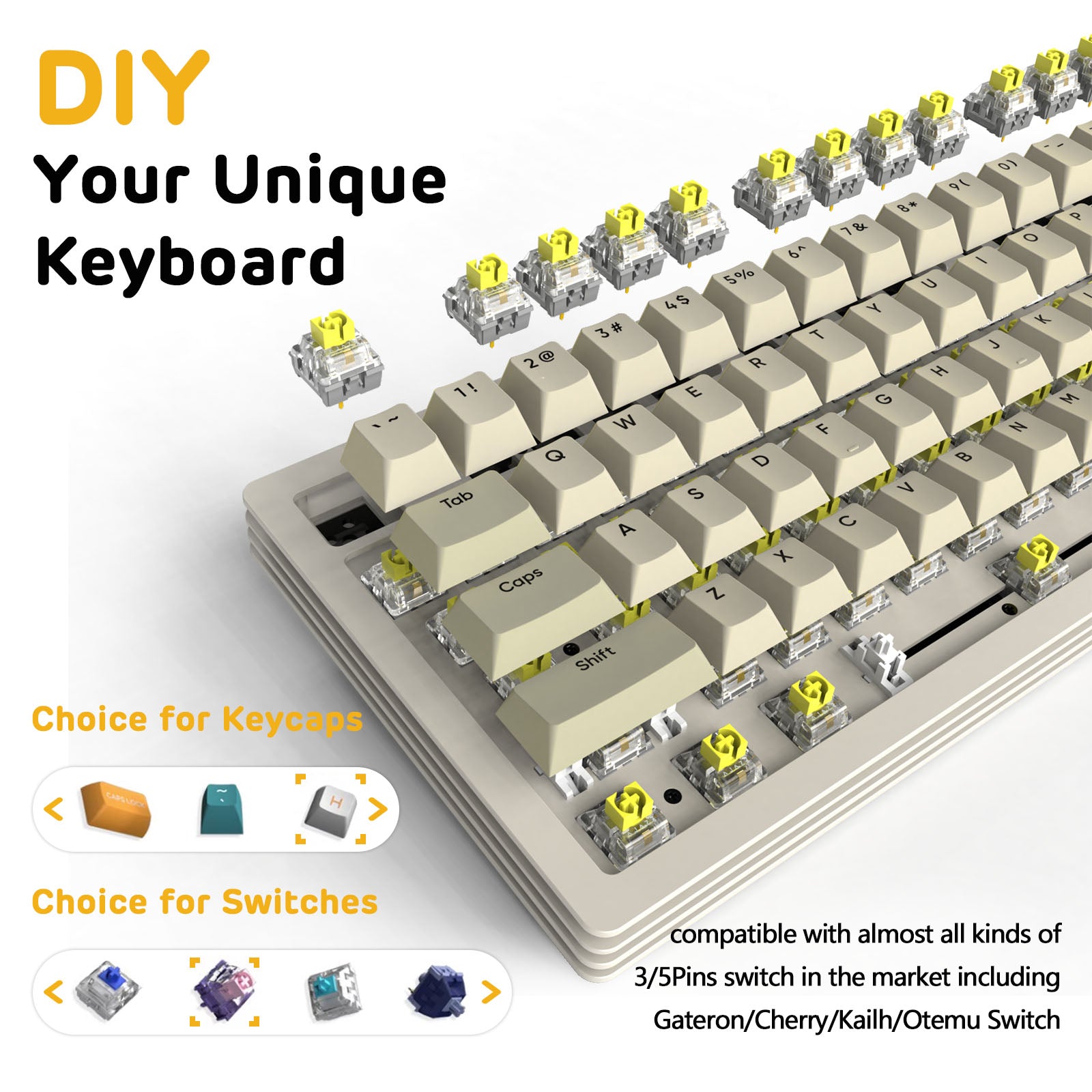 AJAZZ AKC087 keyboard showcasing DIY customization options for switches and keycaps.