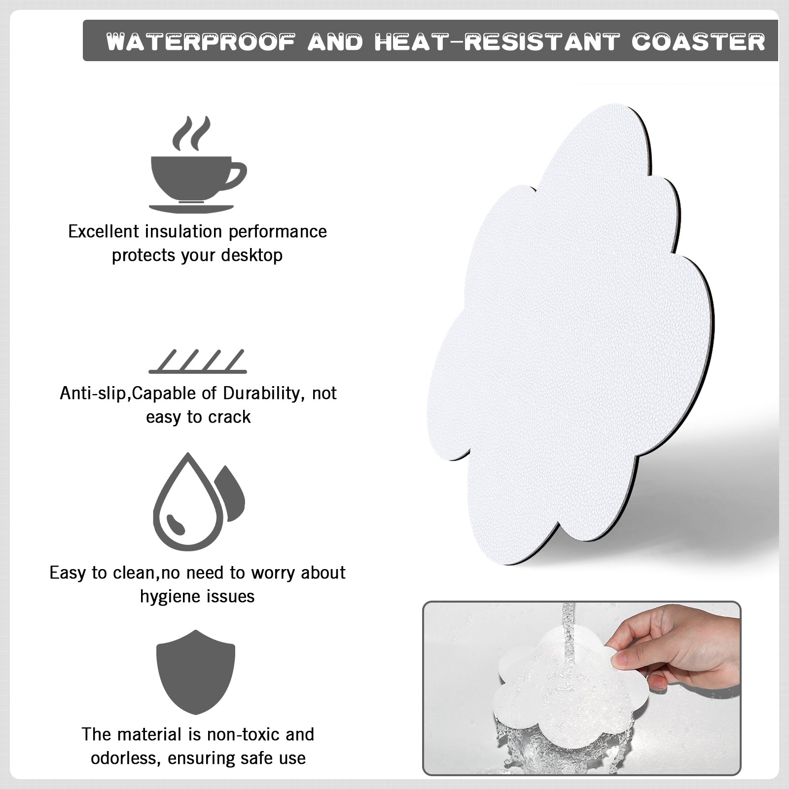 Waterproof and heat-resistant cloud coaster with anti-slip features and easy cleaning benefits.