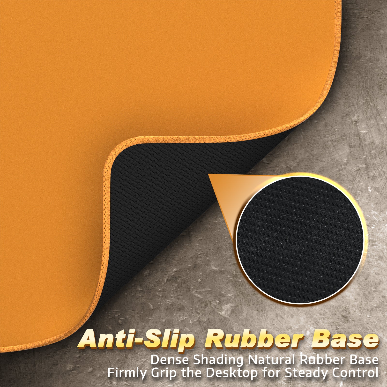 Close-up of orange gaming mouse pad showing anti-slip black rubber base for stability.