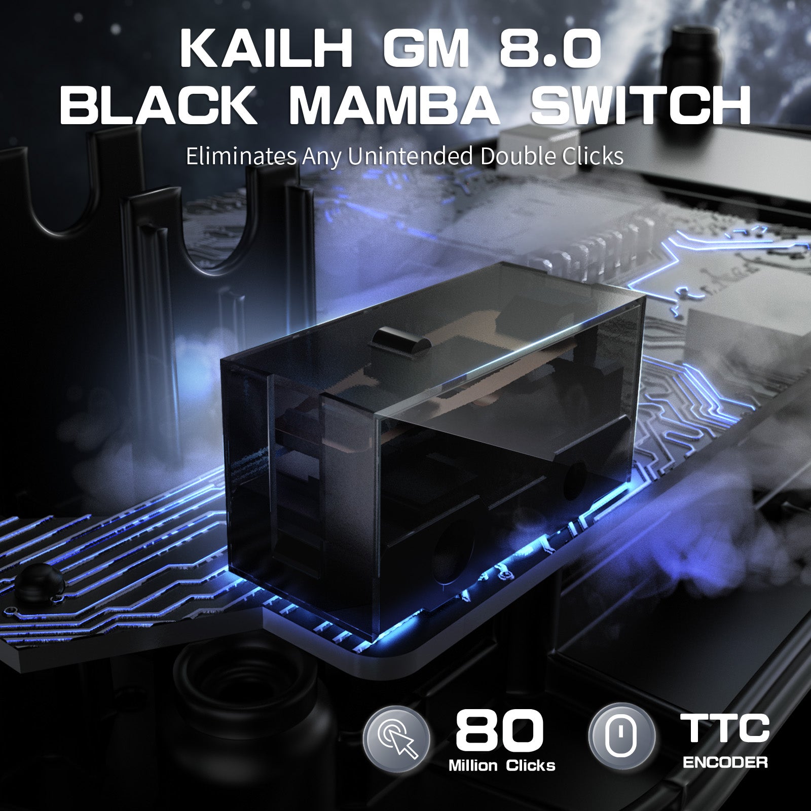 Kailh GM 8.0 switch with TTC encoder ensuring 80 million clicks and anti-double click feature.