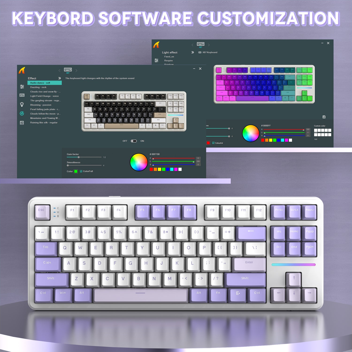 X87 keyboard software customization screen with RGB effects and key mapping options.