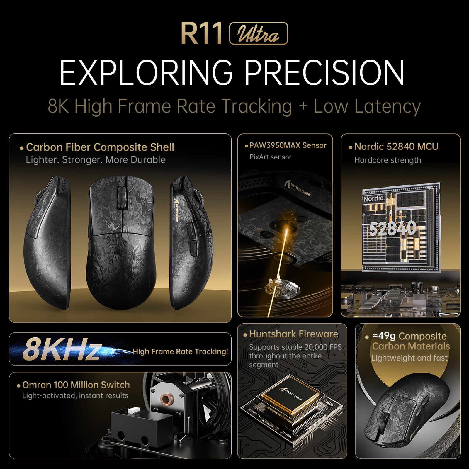 ATTACK SHARK R11 ULTRA carbon fiber gaming mouse with 8KHz tracking and 49g weight.