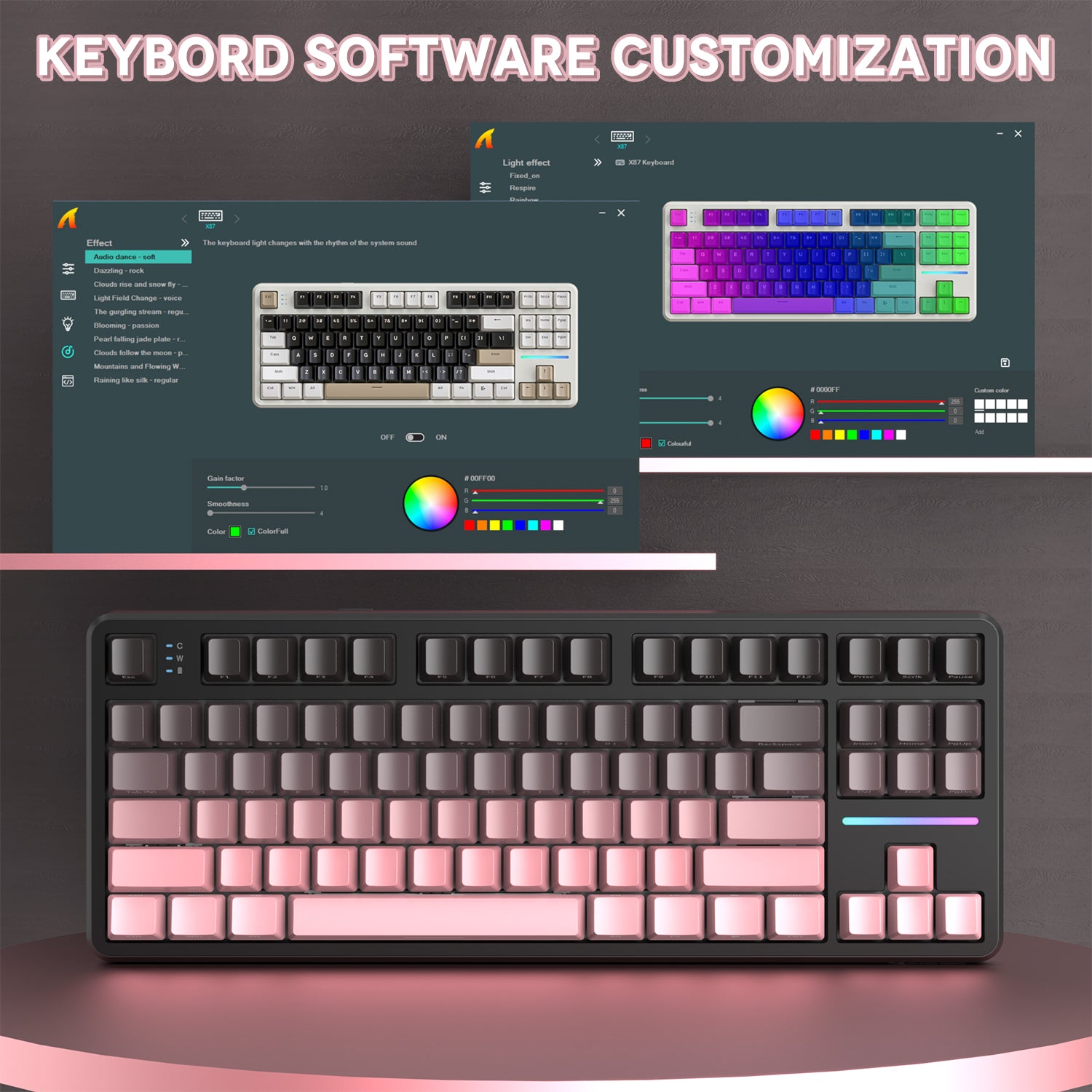 Customizable keyboard software showing RGB effects and key mapping options for X87.