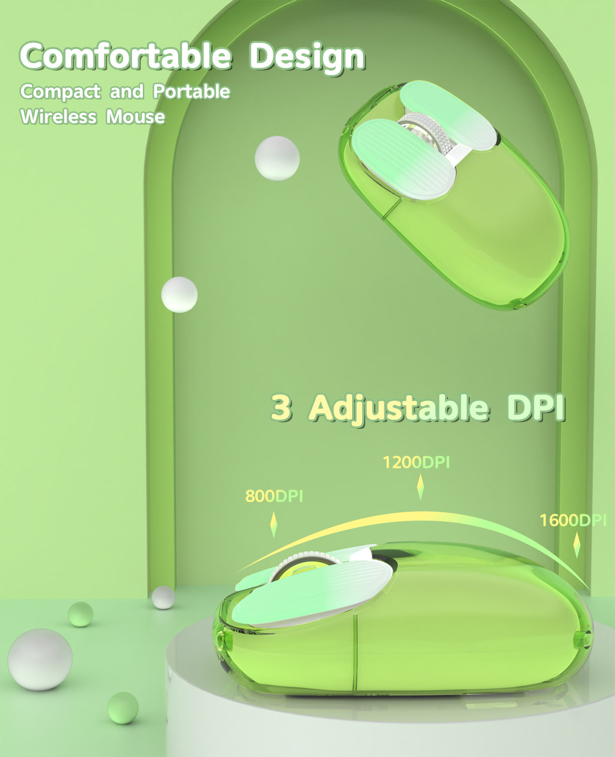 I069 Mini Wireless Mouse in transparent green with adjustable DPI settings.