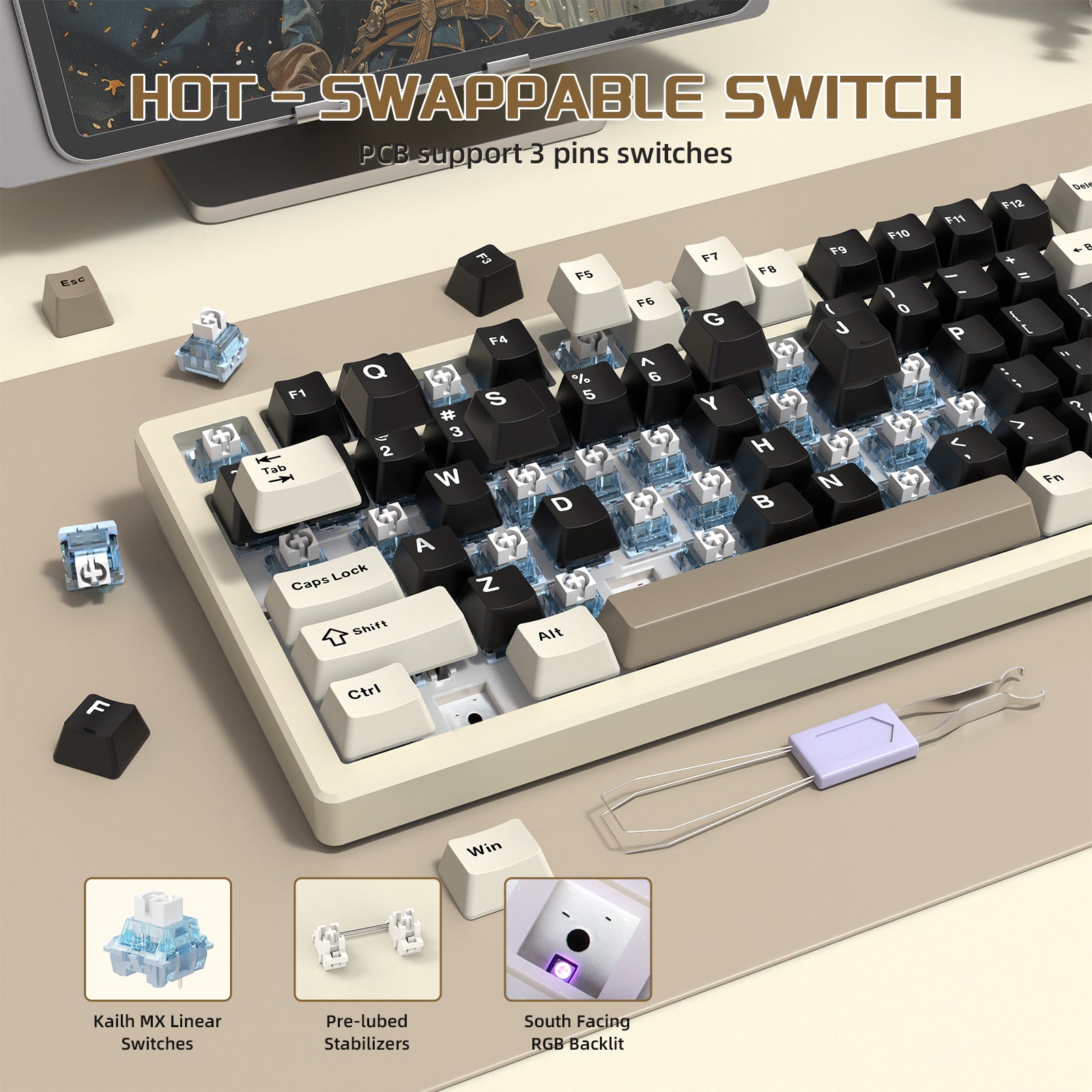 ATTACK SHARK X75 keyboard with hot-swappable Kalih MX switches and RGB features.