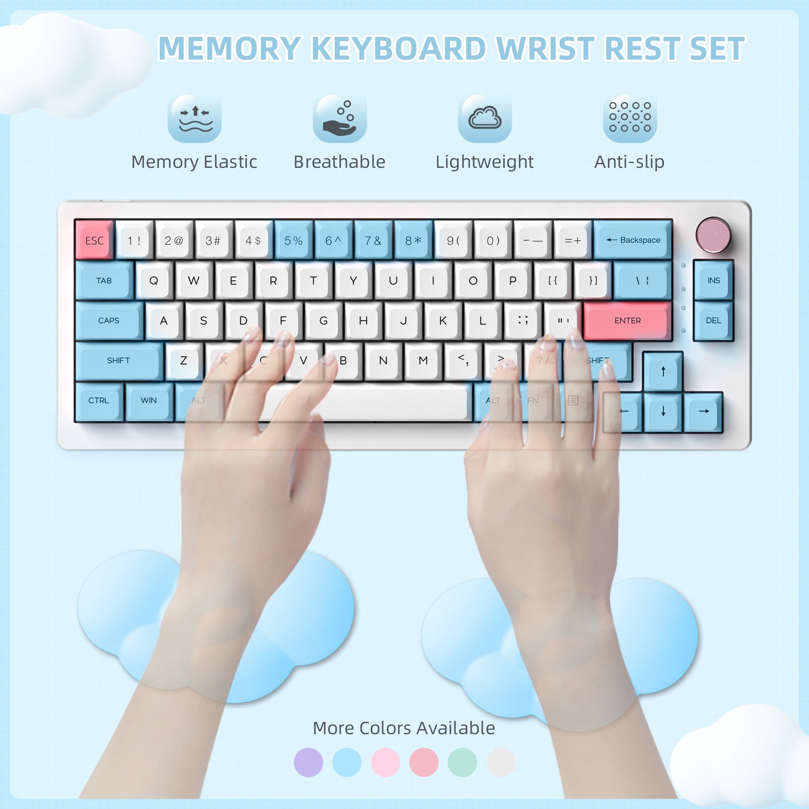 Hands typing on a keyboard with memory foam wrist rest set, showcasing breathable and anti-slip features.