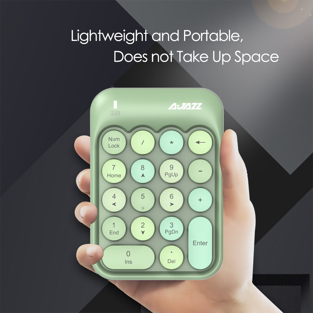 Light green AJAZZ AK18 wireless numeric keypad emphasizing portability and compact design.