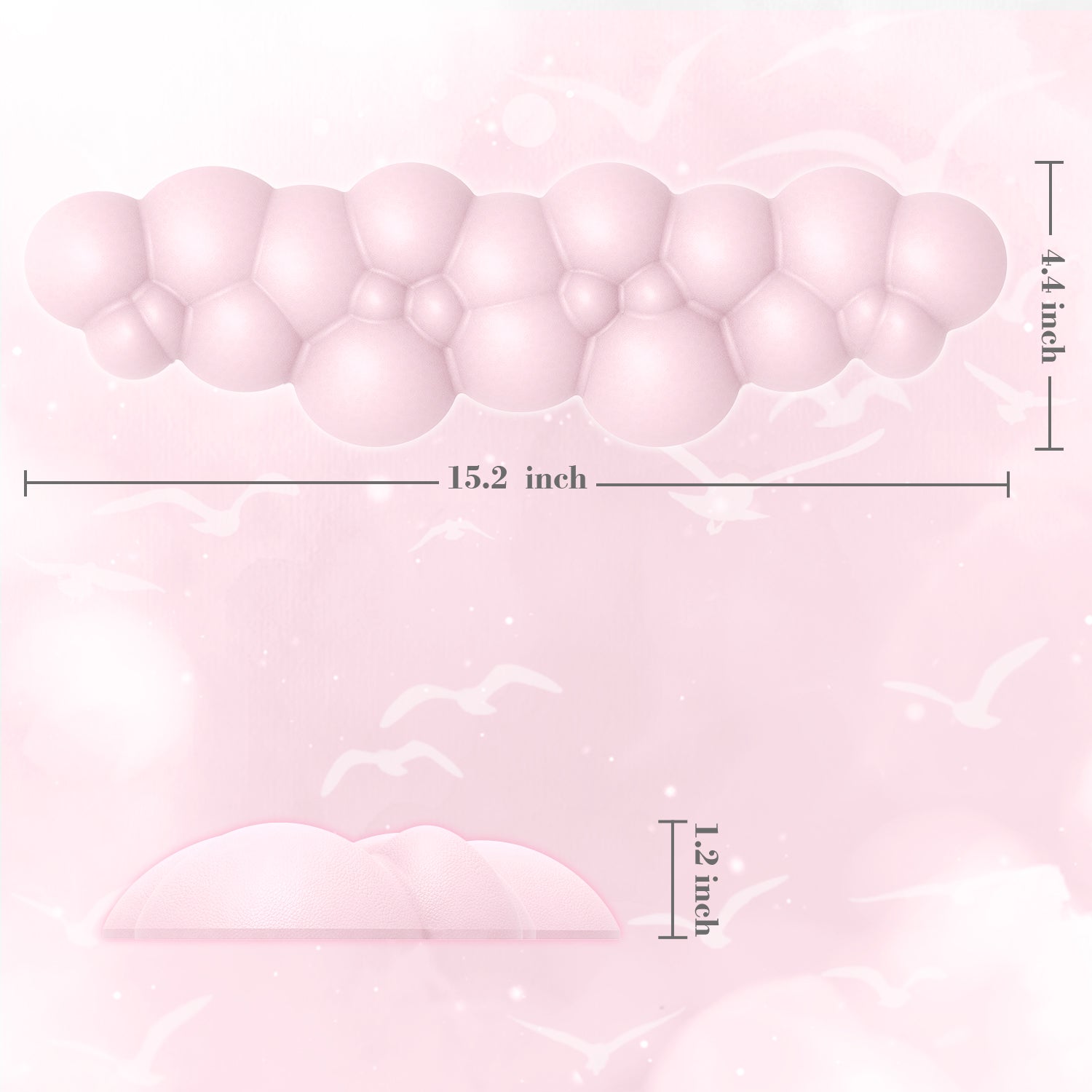 Pink cloud-shaped ergonomic wrist rest dimensions 15.2x4.4x1.2 inches.