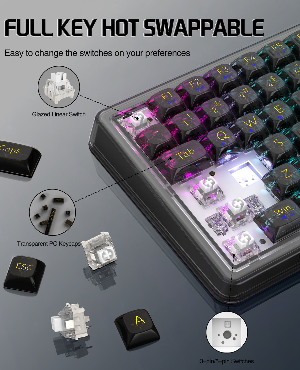 K75 Pro keyboard showing hot-swappable glazed switches and transparent keycaps.