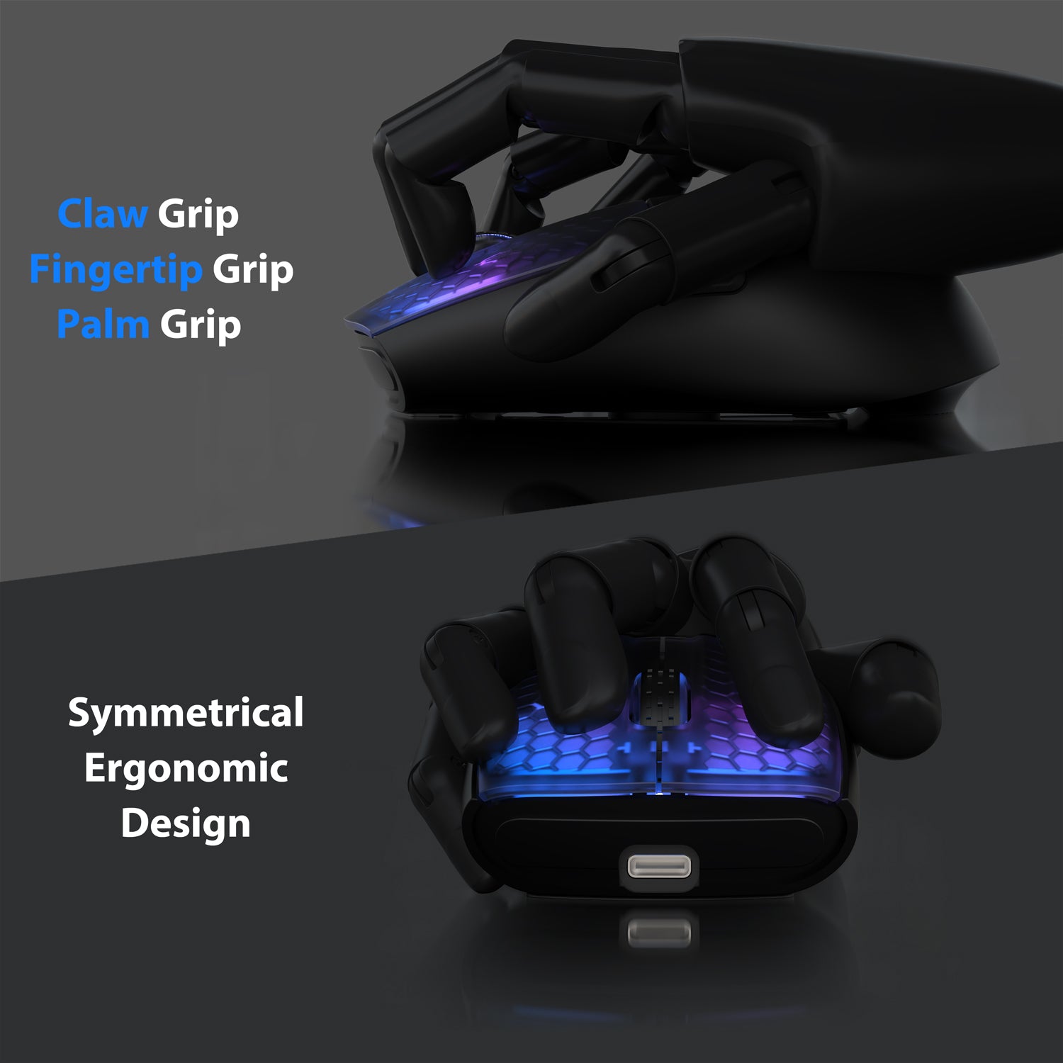 Claw, fingertip, and palm grip demonstration on Attack Shark X5 gaming mouse with RGB lighting