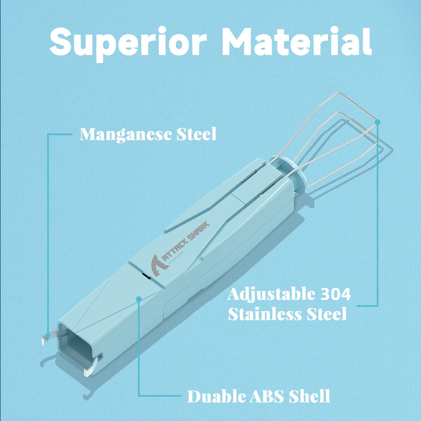 Attack Shark keycap and switch puller with labeled materials: manganese steel and stainless steel.