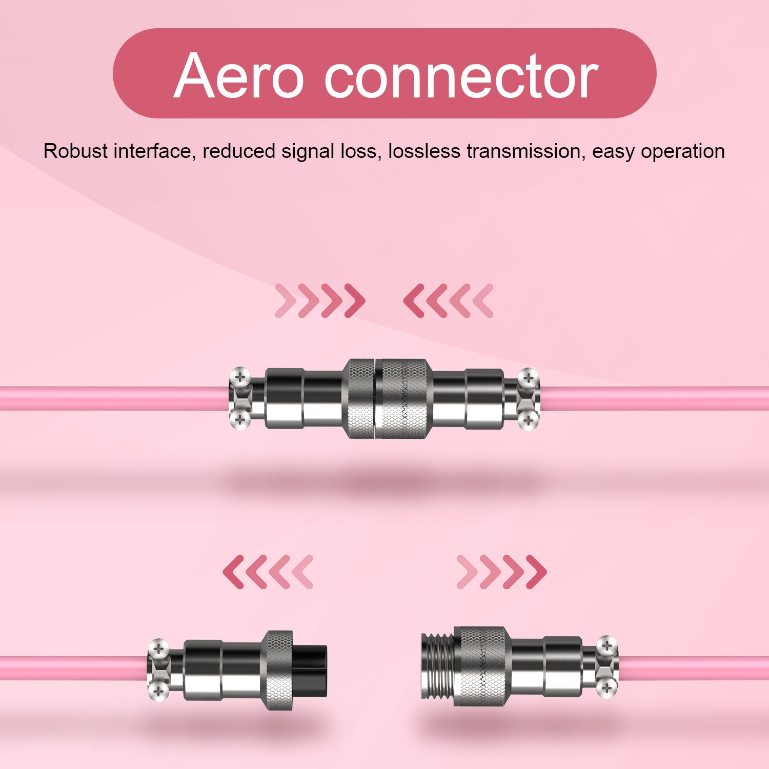 Pink coiled USB-C cable with detachable metal aviator connector for lossless signal transmission.