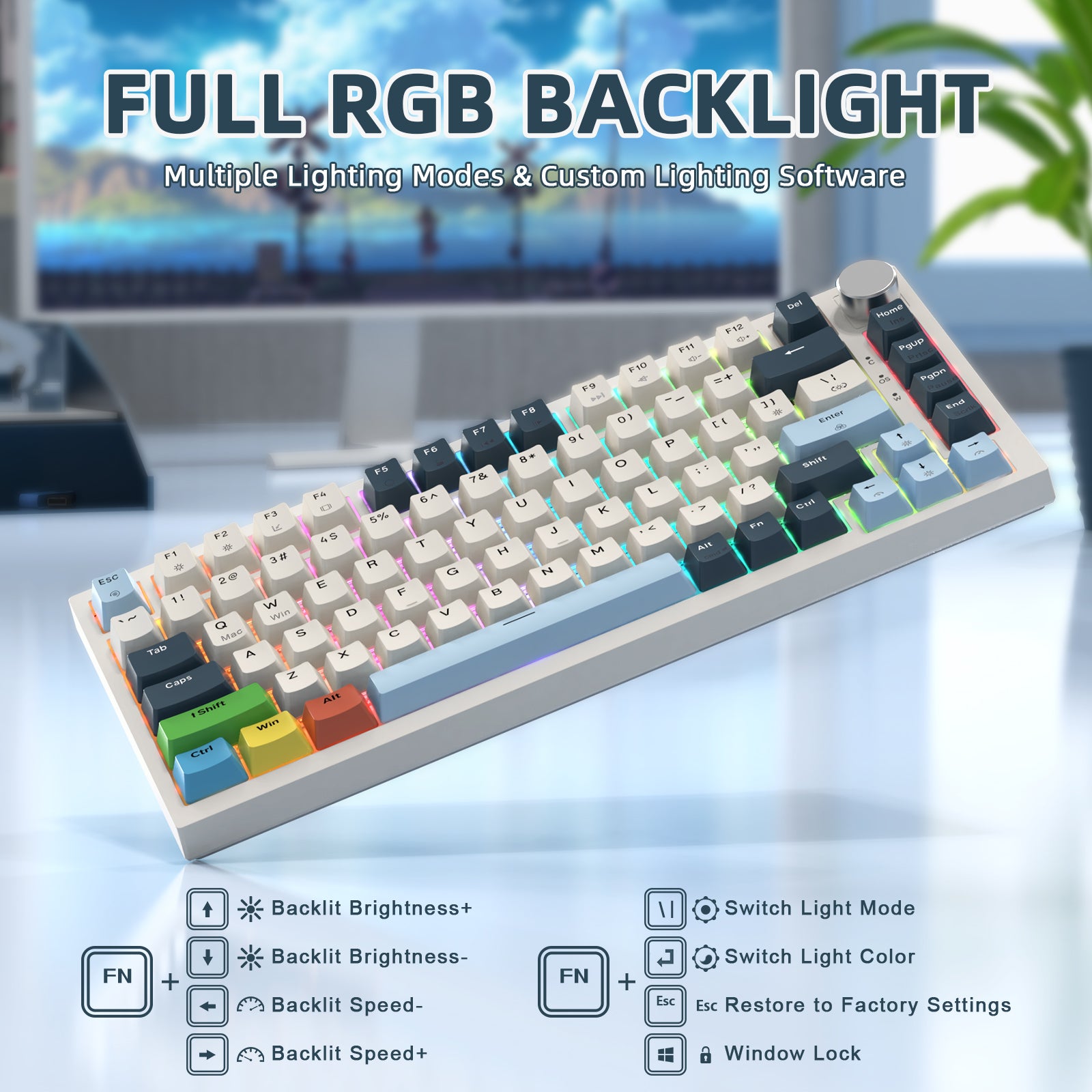 K85 keyboard with full RGB backlight and customizable lighting settings.