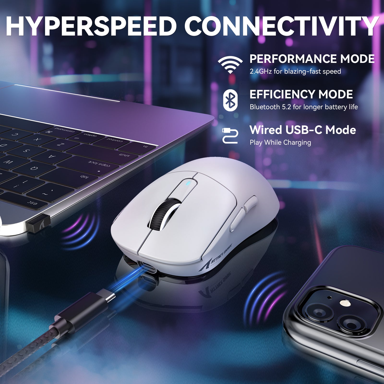 X3MAX wireless gaming mouse demonstrating HYPERSPEED connectivity with USB-C and Bluetooth options.