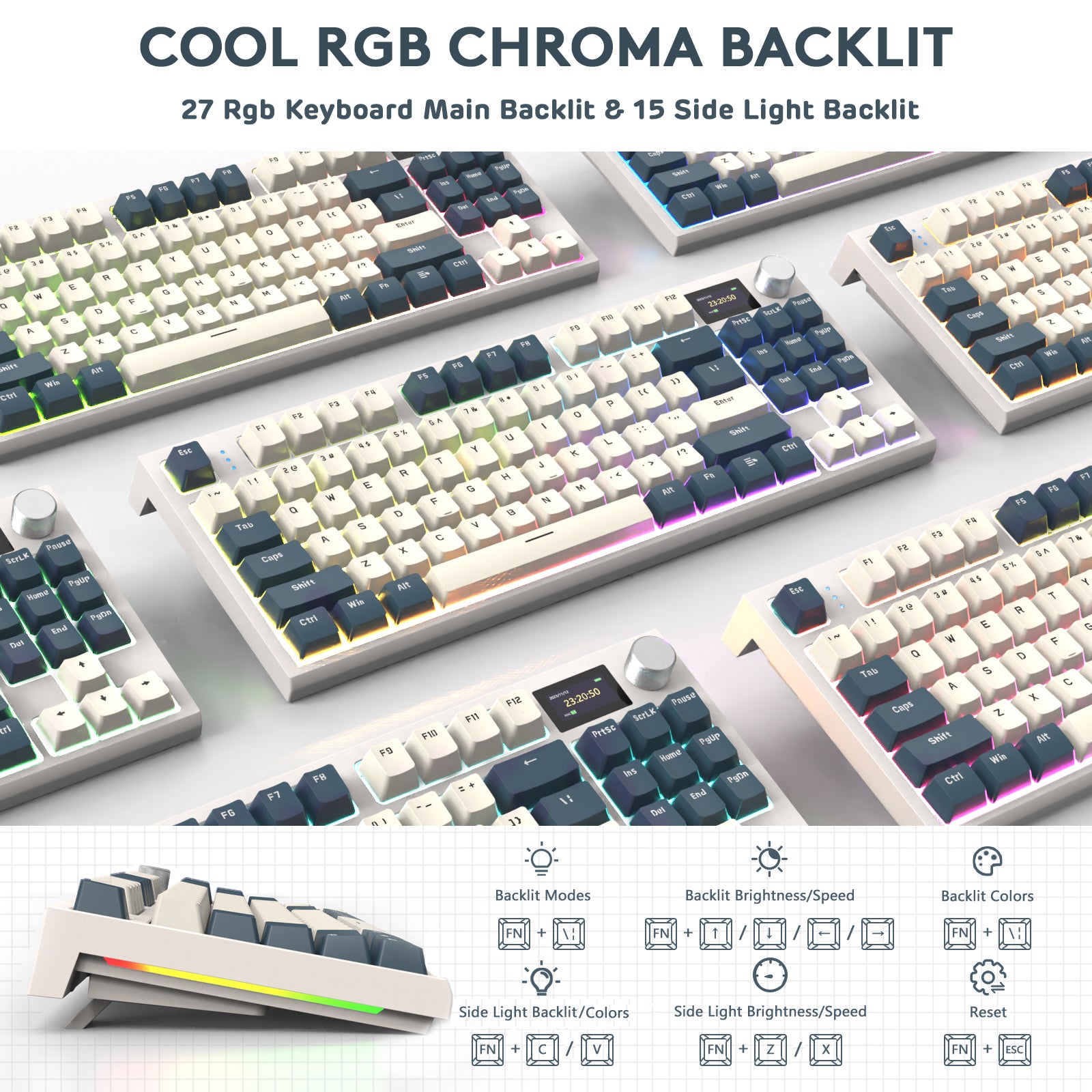 K86PRO keyboard showcasing RGB backlighting with 27 main and 15 side light options.