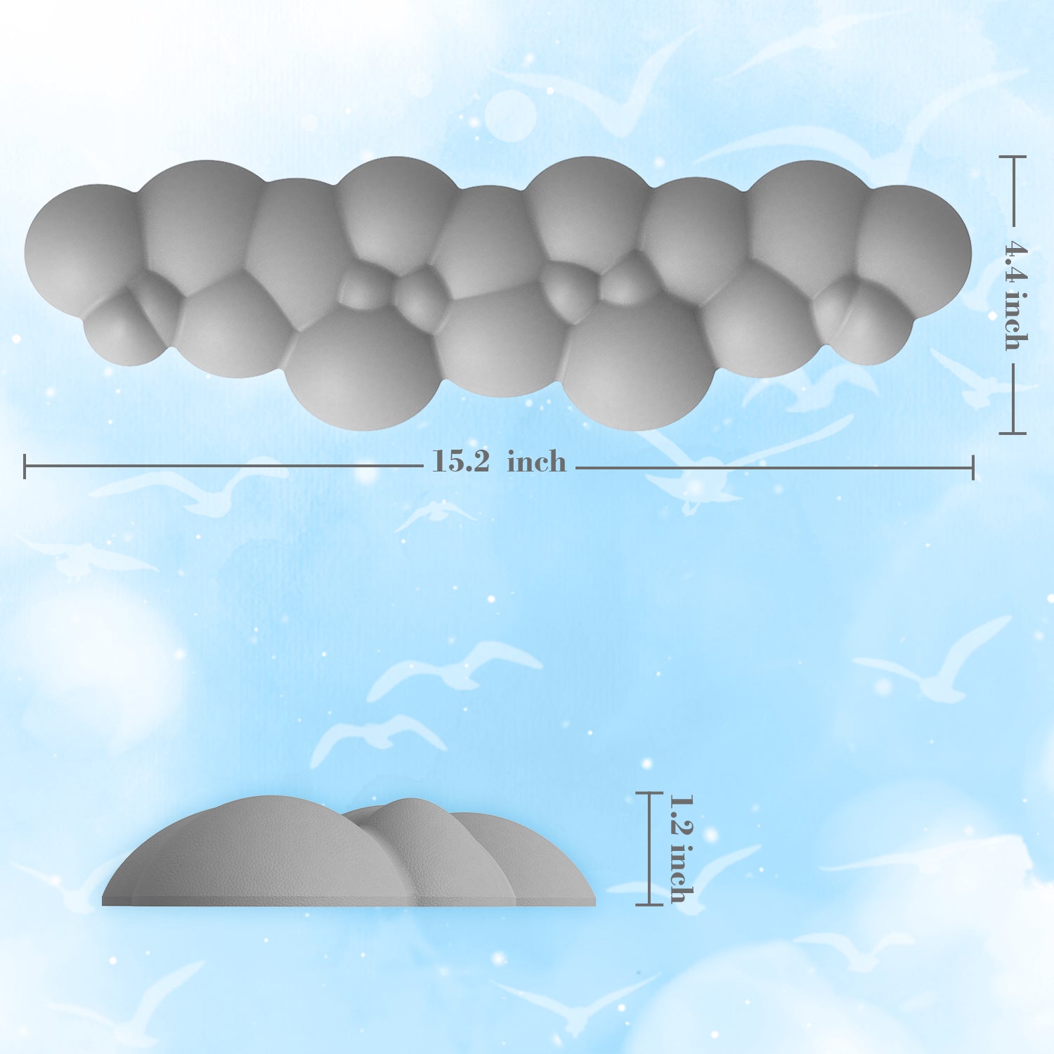 Cloud-shaped ergonomic wrist rest dimensions 15.2x4.4x1.2 inches against blue background.