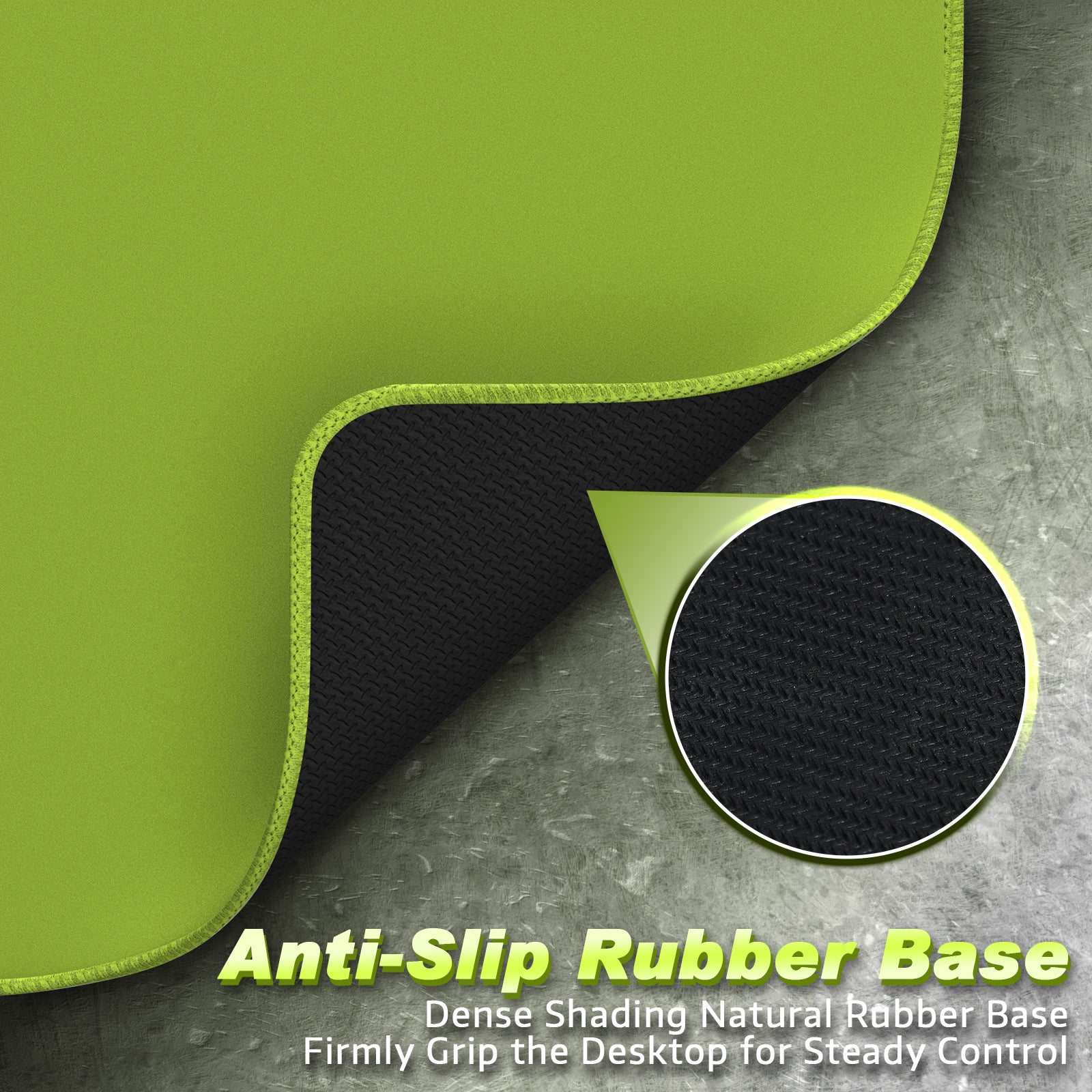 Green Attack Shark mouse pad showcasing anti-slip rubber base for stability