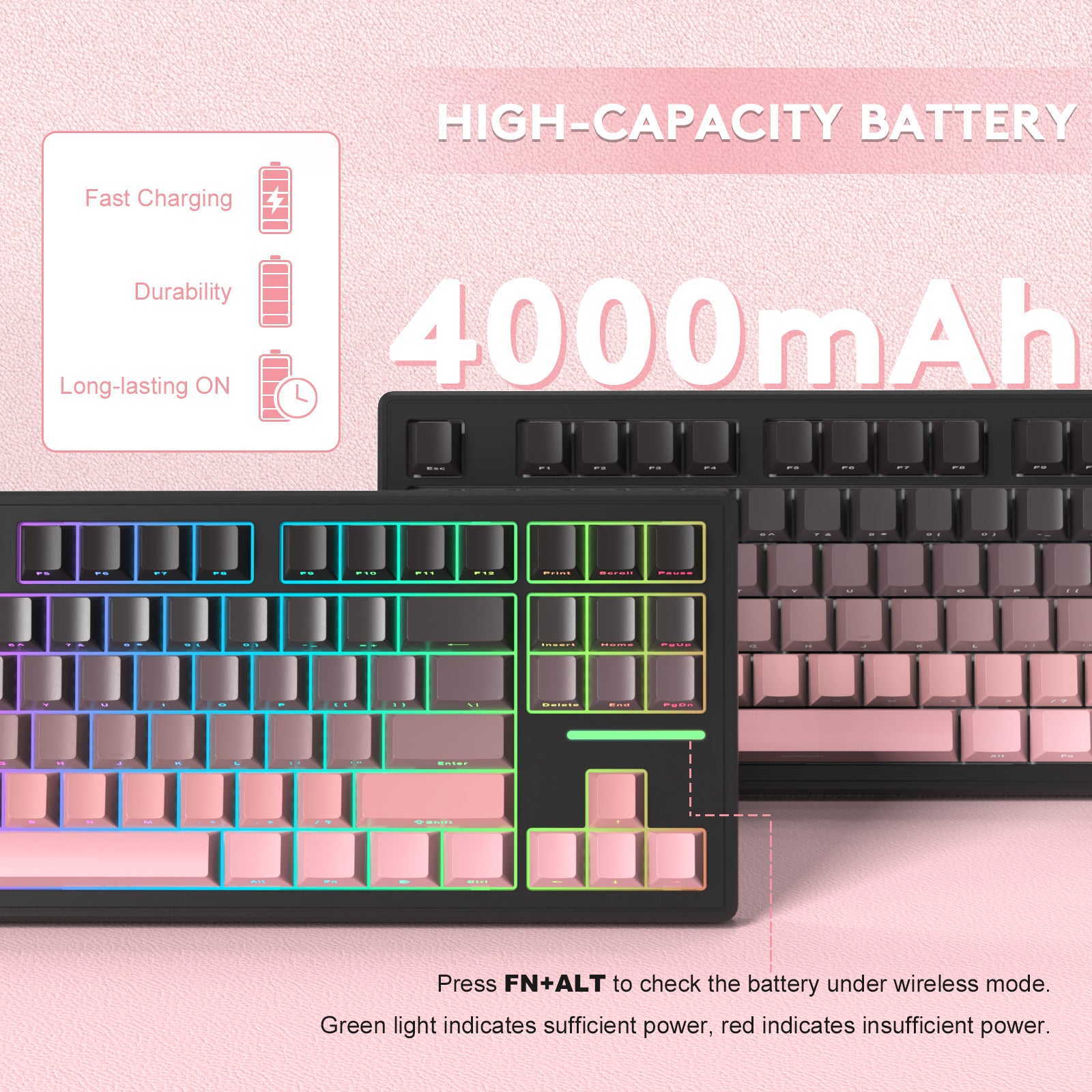 Attack Shark M87 keyboard 4000mAh battery indicator with vibrant RGB backlight.