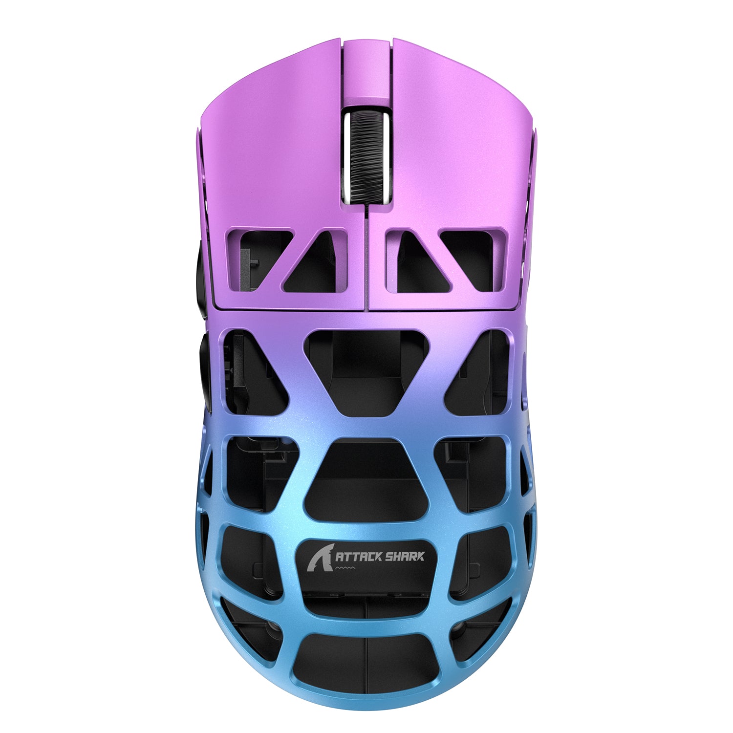 Top view of Attack Shark R3 gaming mouse with purple-blue gradient and lightweight design.