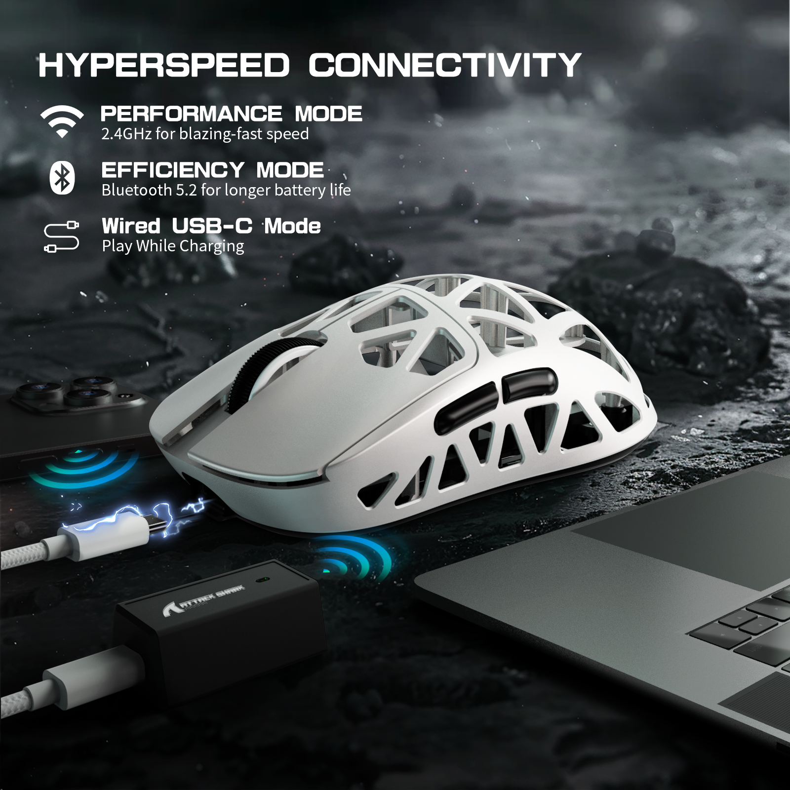 R2PRO Gaming Mouse highlighting HYPERSPEED connectivity options next to a laptop.