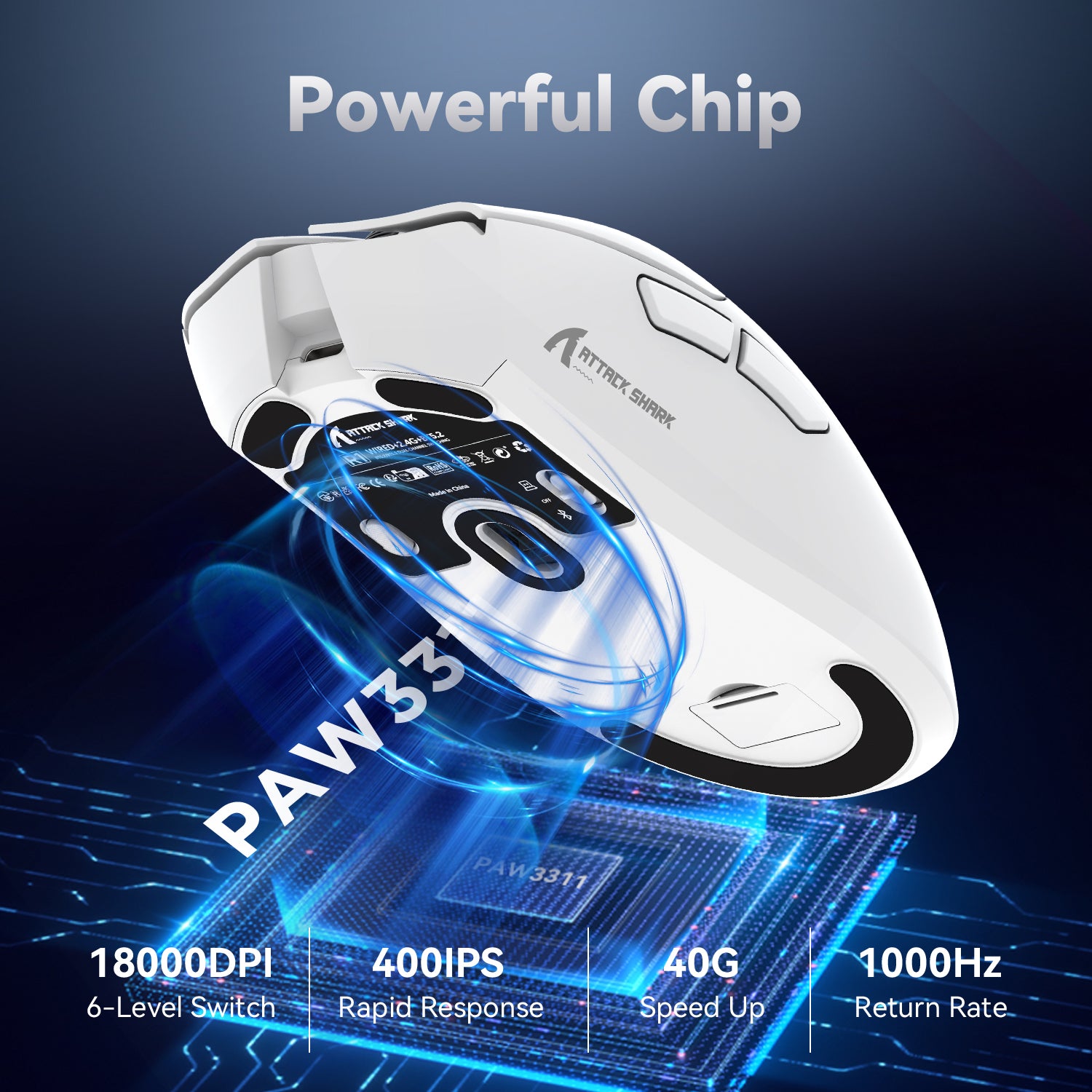 R1 Wireless Gaming Mouse features PixArt PAW3311 chip with 18000 DPI and rapid response.