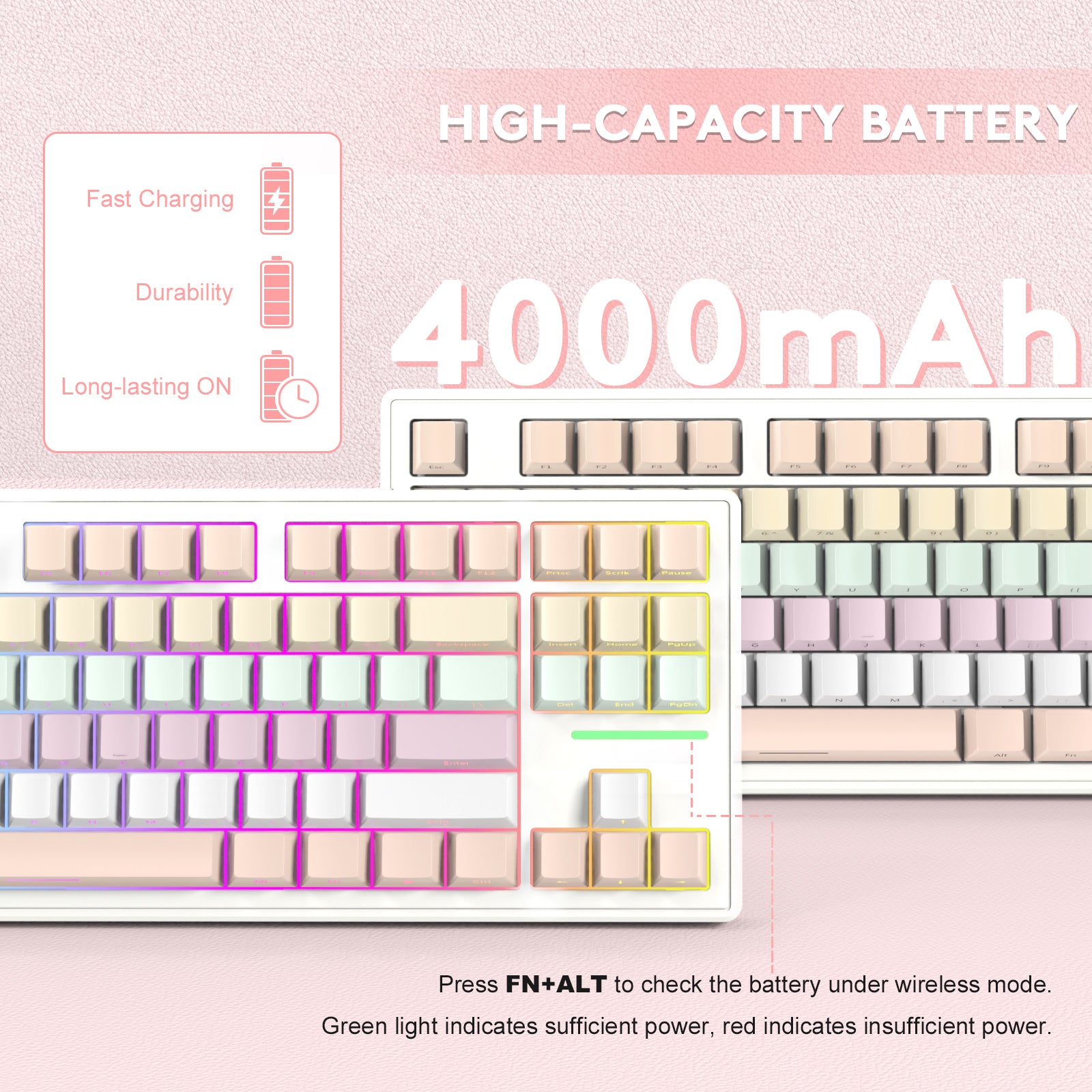 Attack Shark M87 keyboard 4000mAh battery capacity with pastel gradient keycaps.