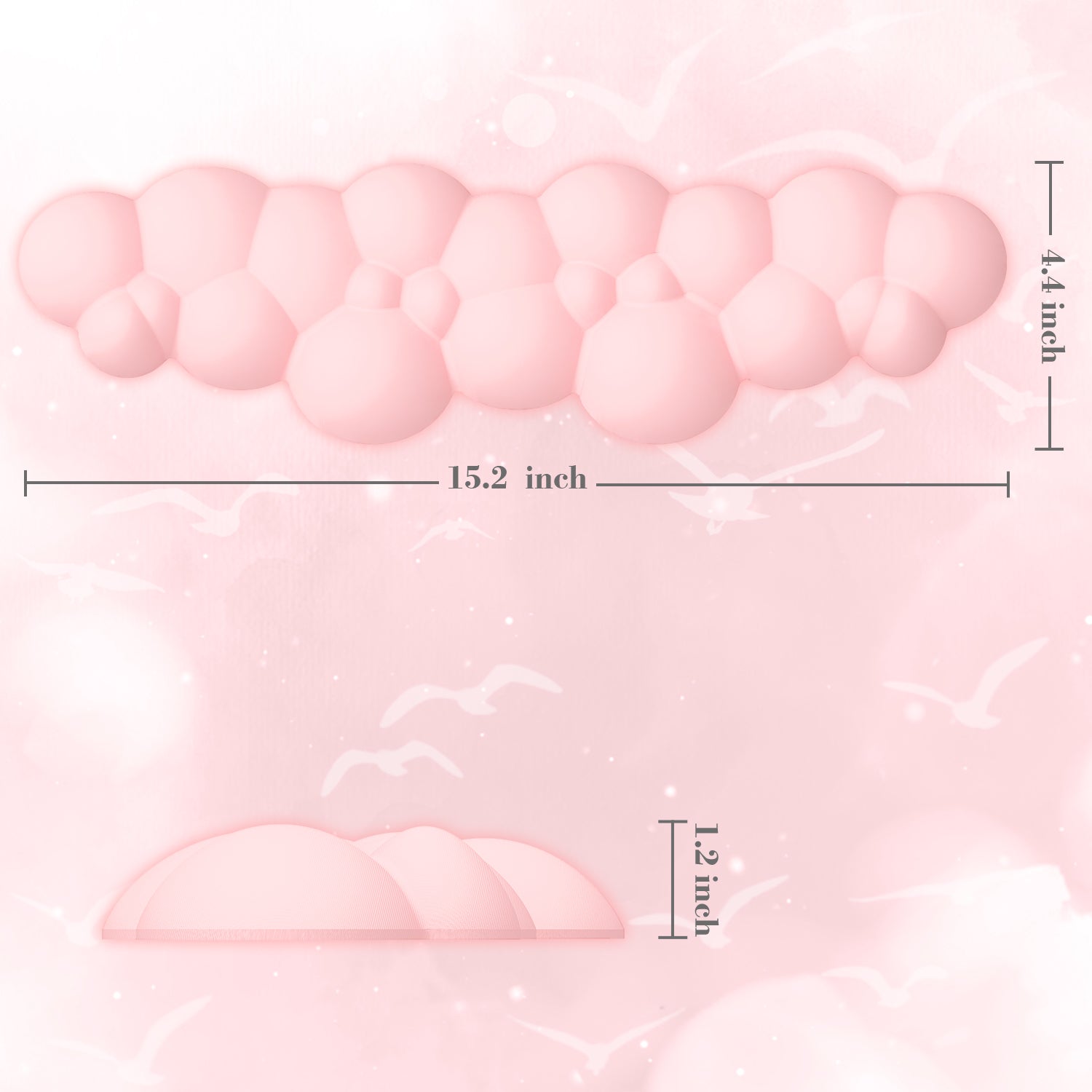 Pink cloud-shaped wrist rest dimensions 15.2x4.4x1.2 inches with ergonomic design.