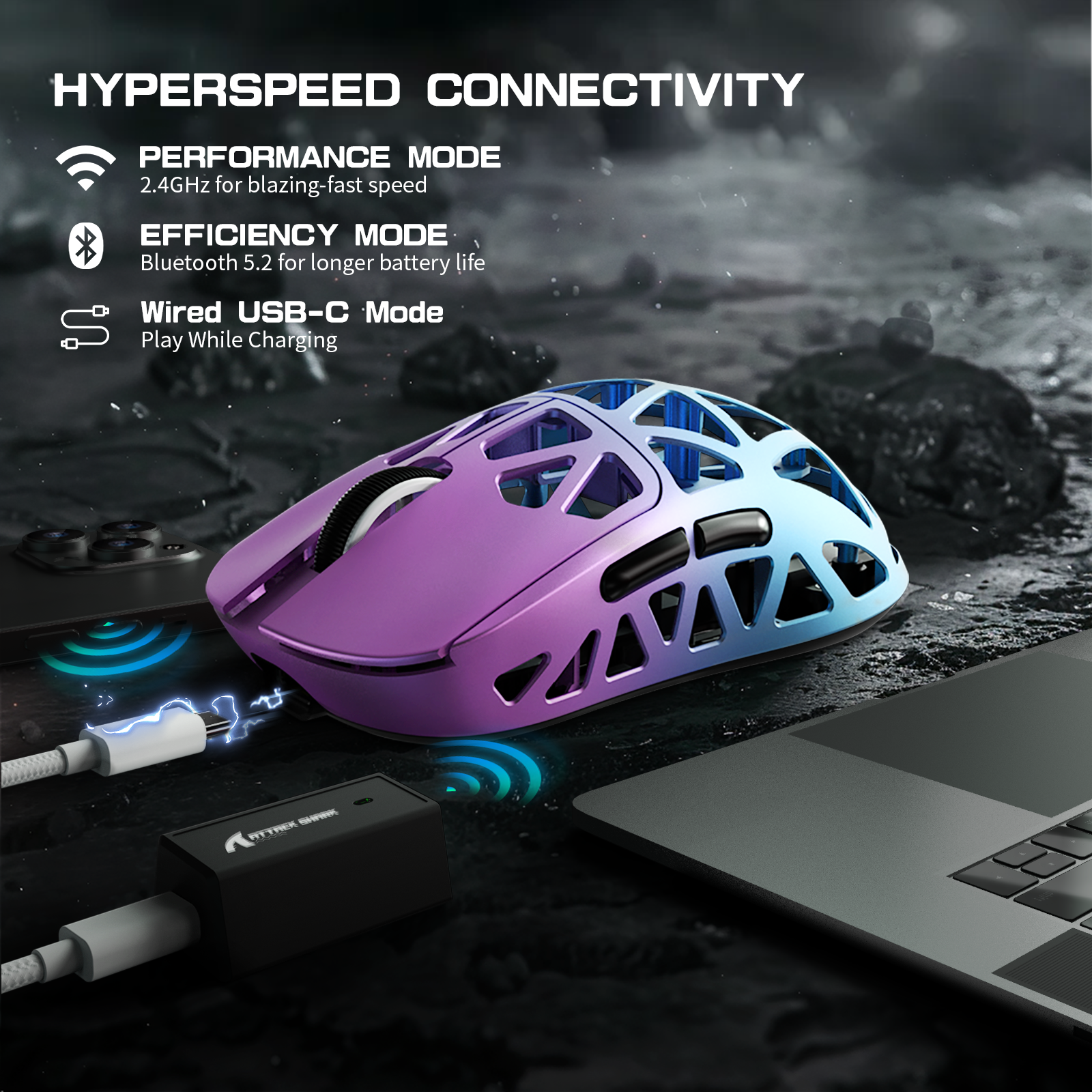 R2PRO Gaming Mouse with HYPERSPEED connectivity options: 2.4GHz, Bluetooth 5.2, USB-C.