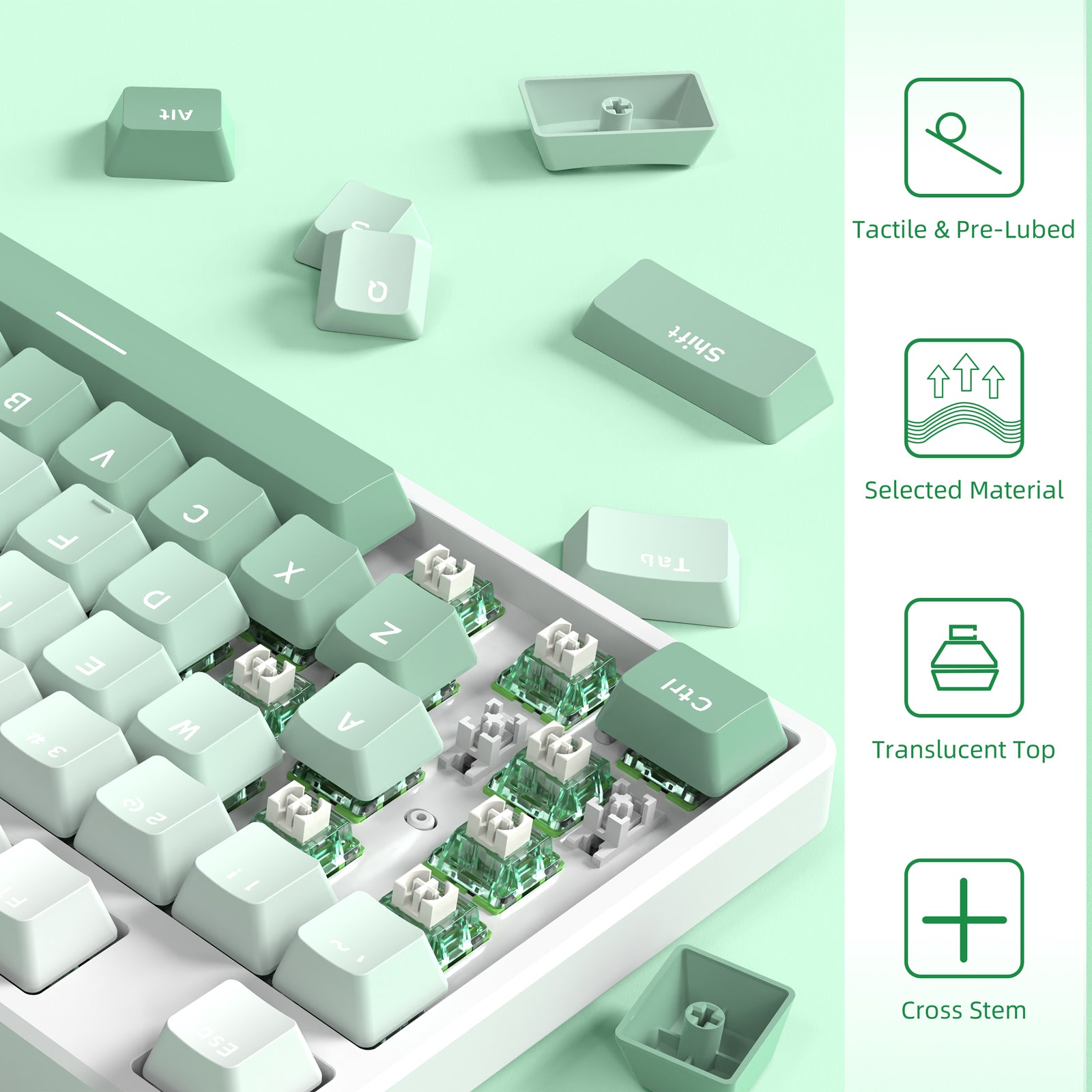 Mint green keyboard with tactile switches and keycaps removed, showcasing switches.