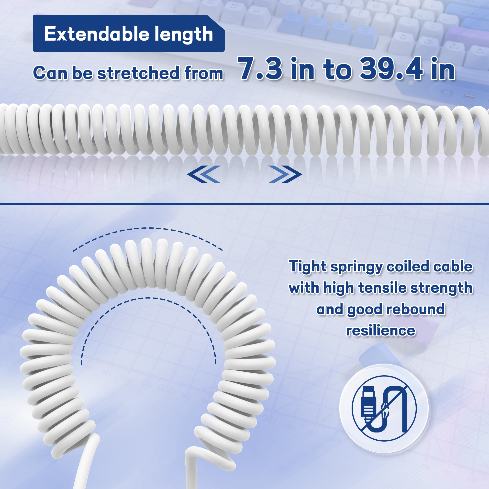 Coiled USB C cable with extendable length from 7.3 to 39.4 inches for gaming keyboards.