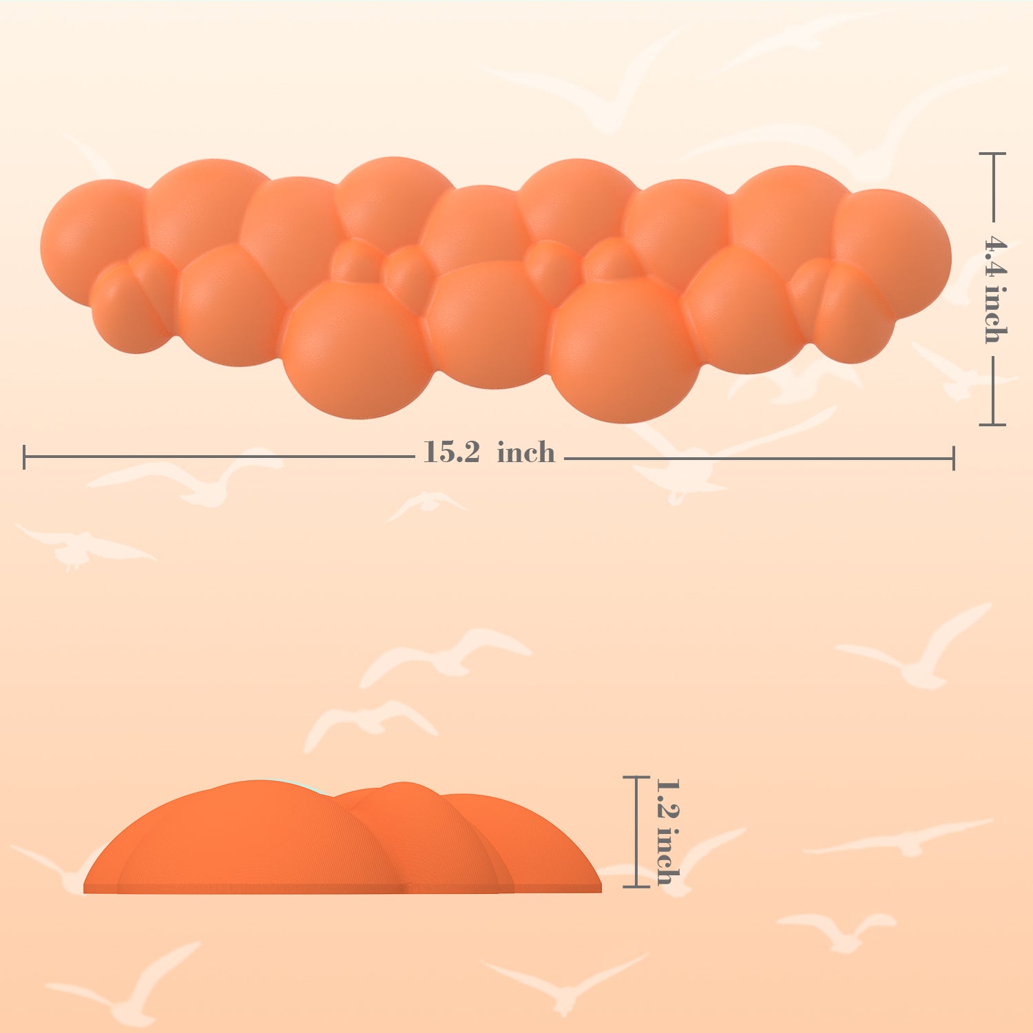 Dimensions of orange cloud-shaped wrist rest: 15.2x4.4x1.2 inches.