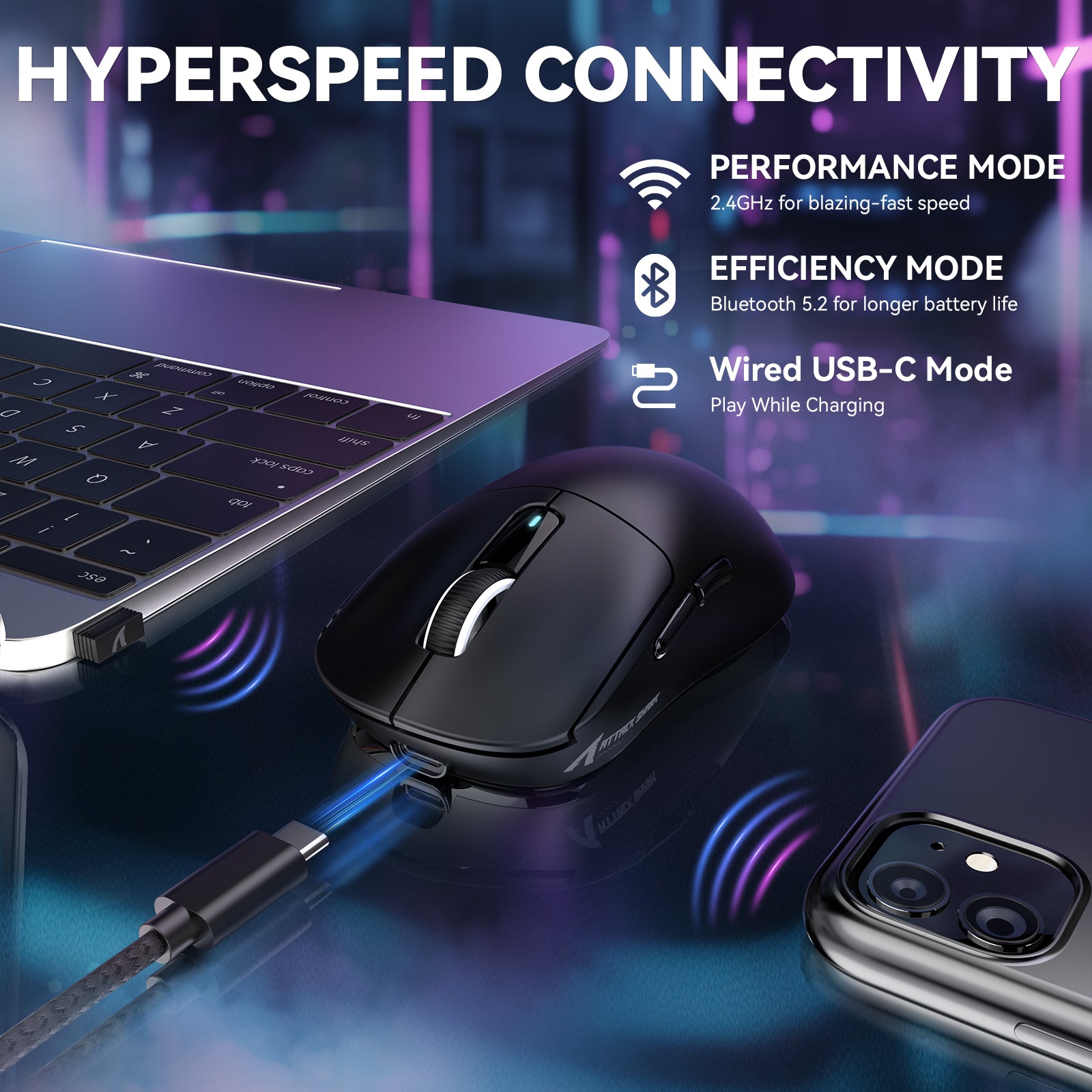 X3MAX gaming mouse with HYPERSPEED connectivity options: 2.4GHz, Bluetooth, USB-C.