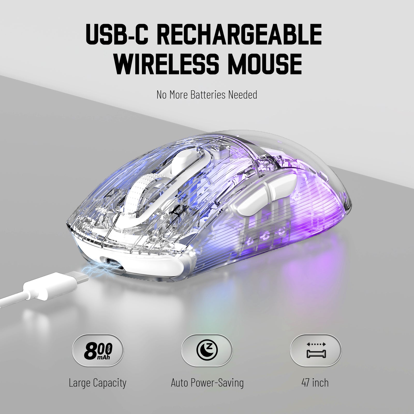 USB-C rechargeable lightweight wireless mouse with RGB lighting and battery indicator.