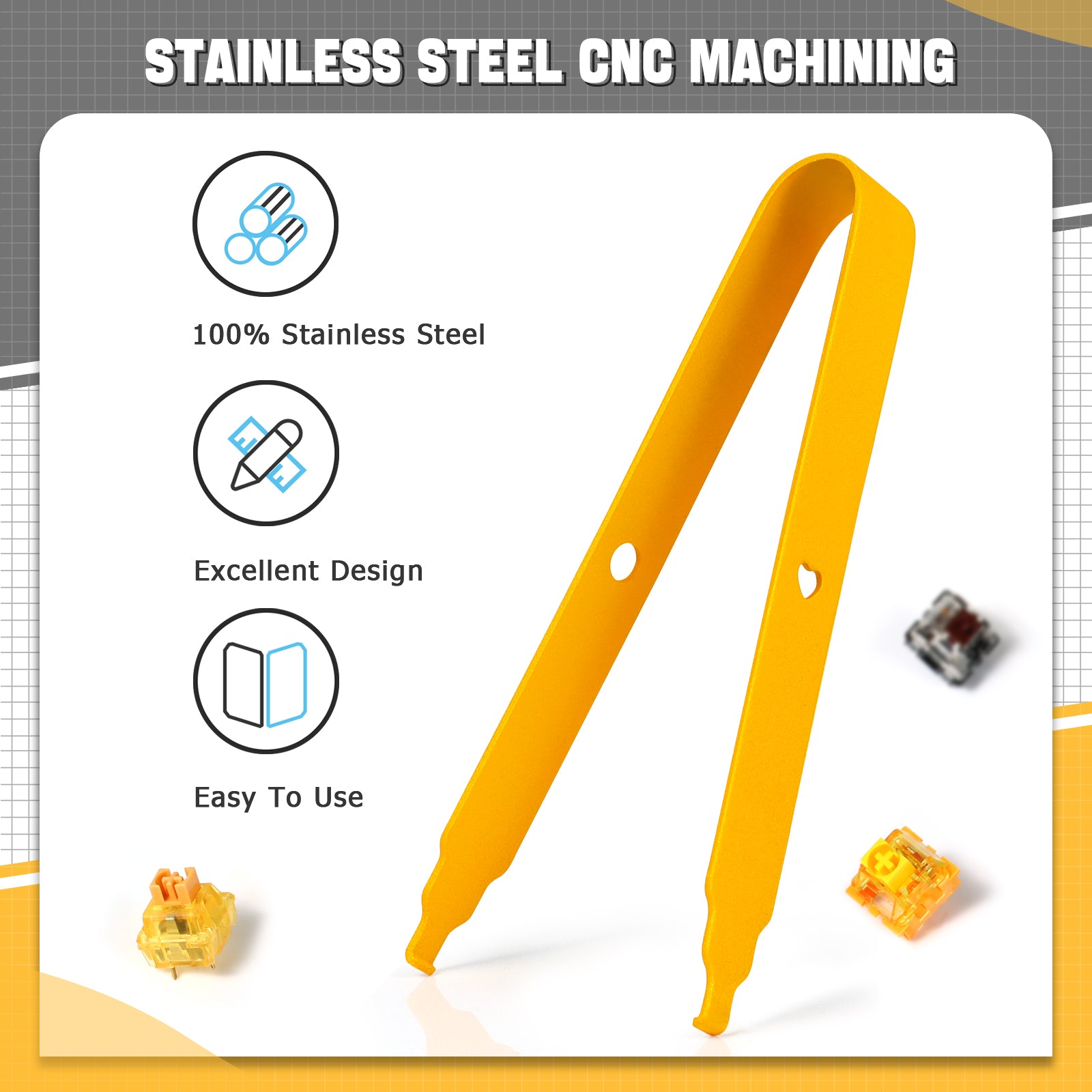 Yellow stainless steel switch puller designed for easy mechanical keyboard use.