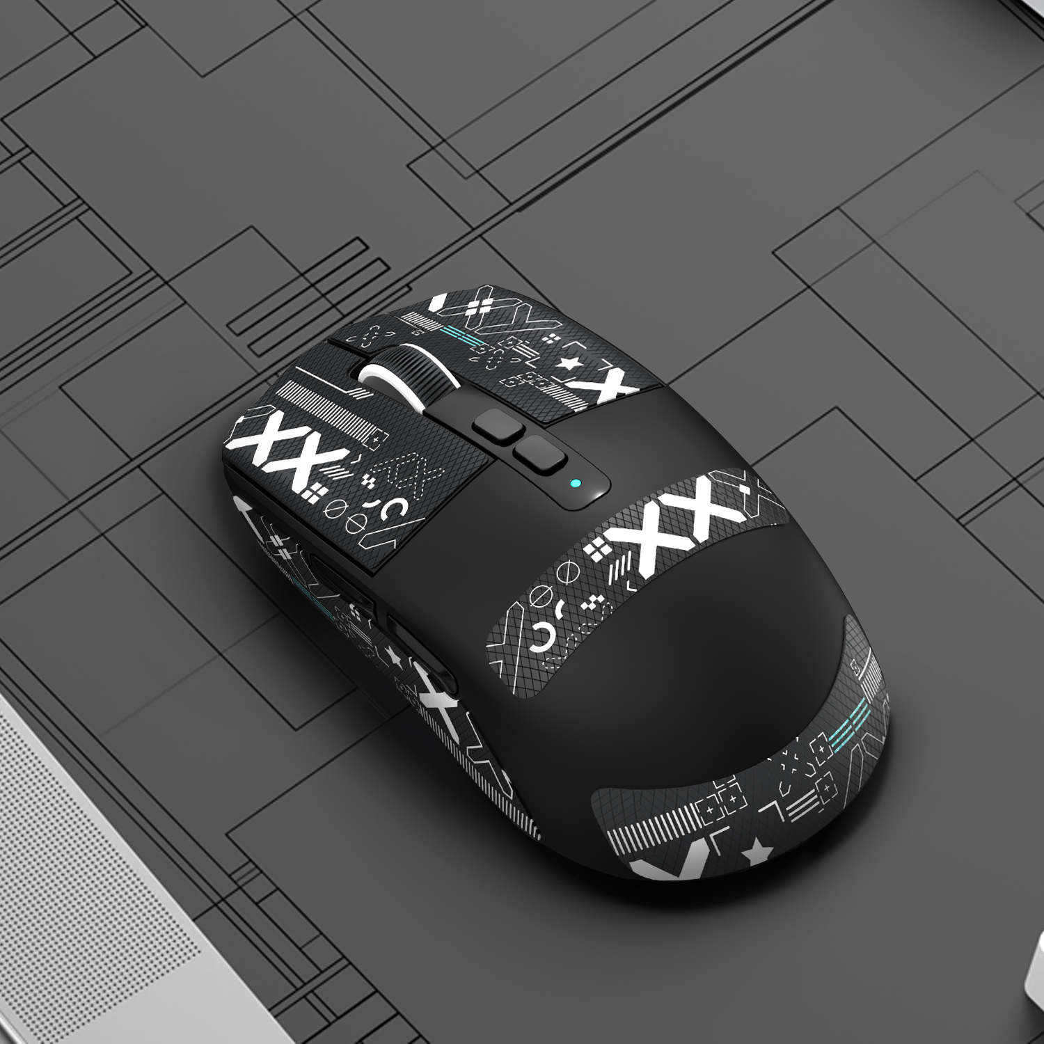 Black gaming mouse with geometric grip tape for enhanced control and handling.