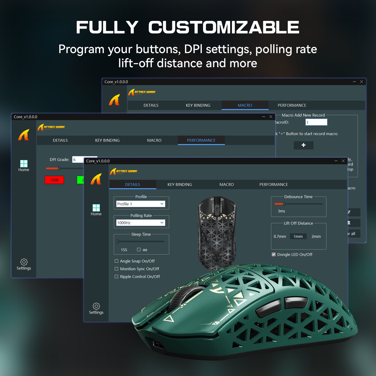 ATTACK SHARK R5 Ultra green gaming mouse with customization software interface, DPI, macro settings, and tri-mode