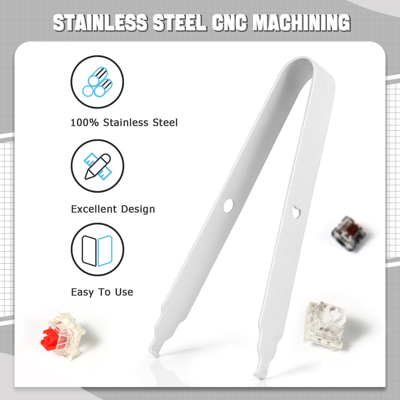 Stainless steel switch puller tool for mechanical keyboards with efficient design.