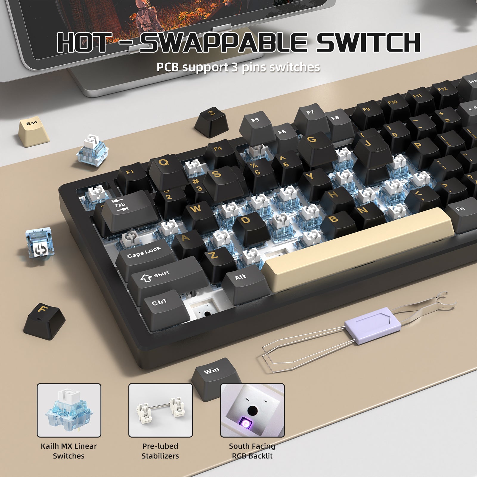 Close-up of ATTACK SHARK X75 keyboard showing hot-swappable switches and RGB features.